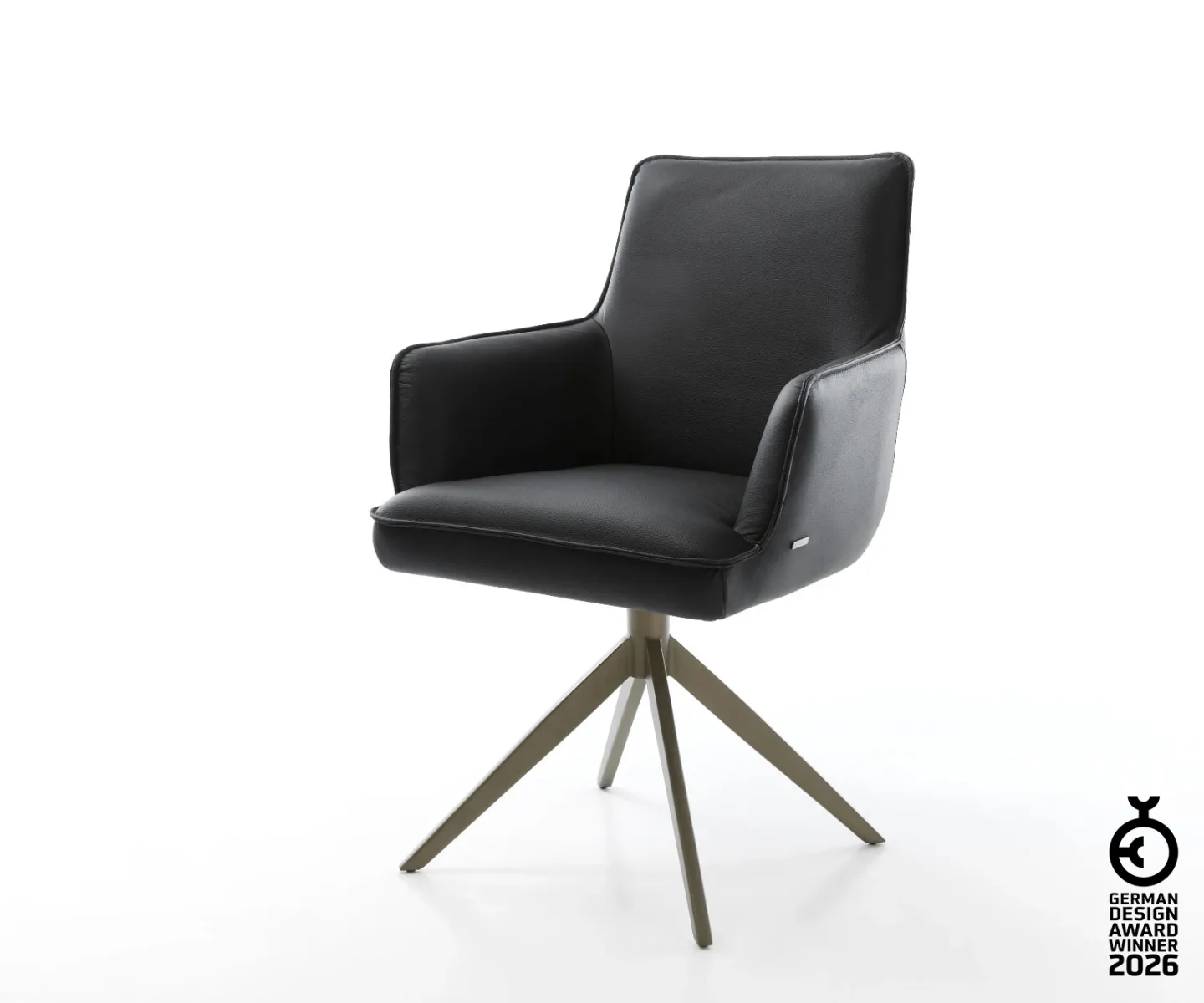Drehstuhl Heira-Flex mit Armlehnen Echt-Leder Schwarz Kreuzgestell breit Effektfinish Titan 360° drehbar Wippfunktion Taschenfederkern