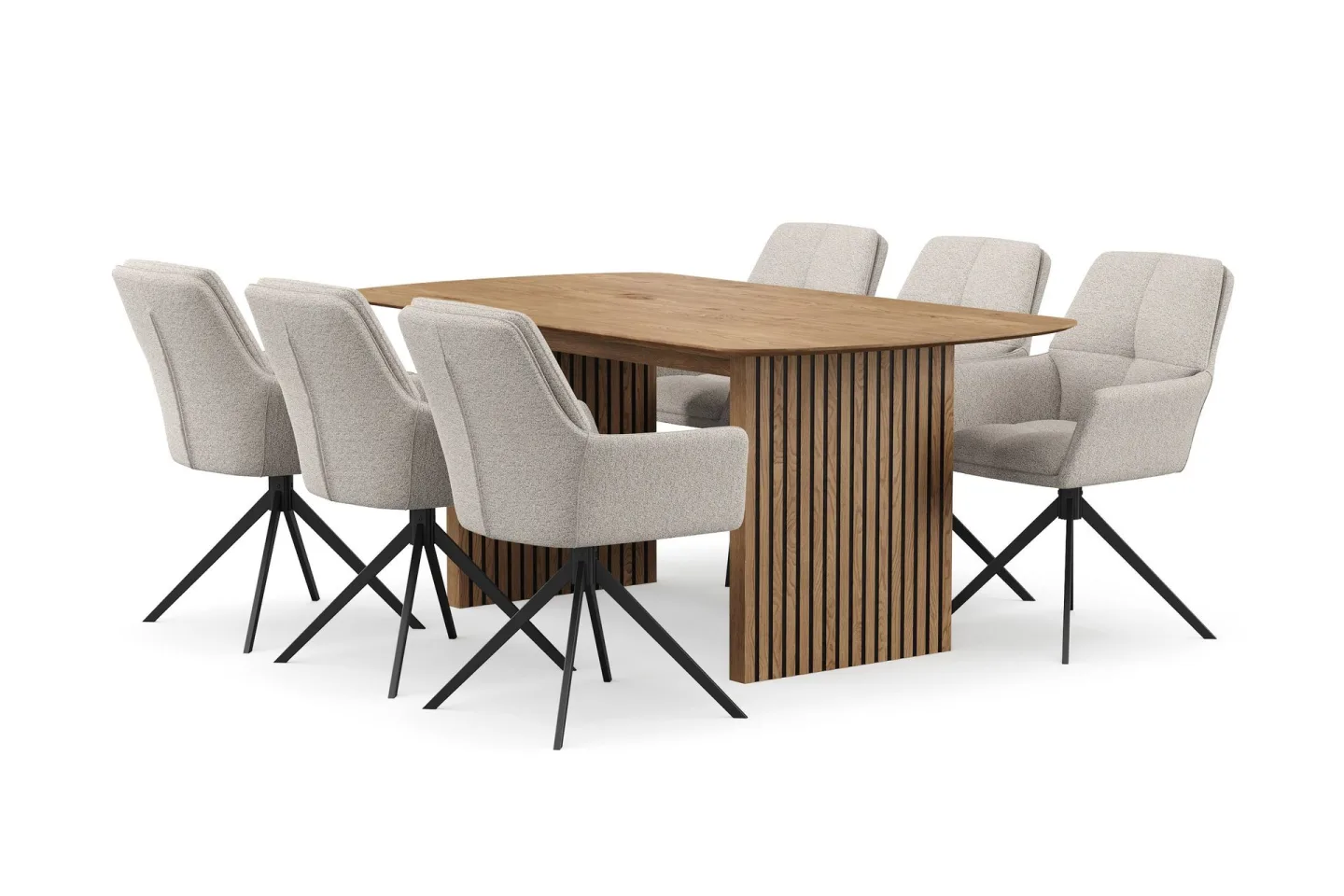 Richeto Matgrupp 180 cm med 6 Torsby Snurrstolar - Naturlig finish/Mörkbeige