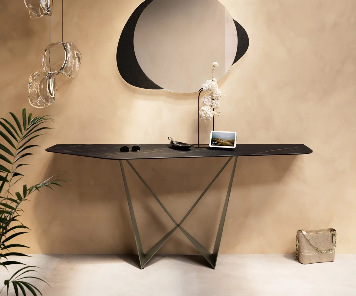 Konsolentisch Edge Polygonal 180x50 cm Keramik Laminam® Noir Desir Braun Spios Metall Effektfinish Titan
