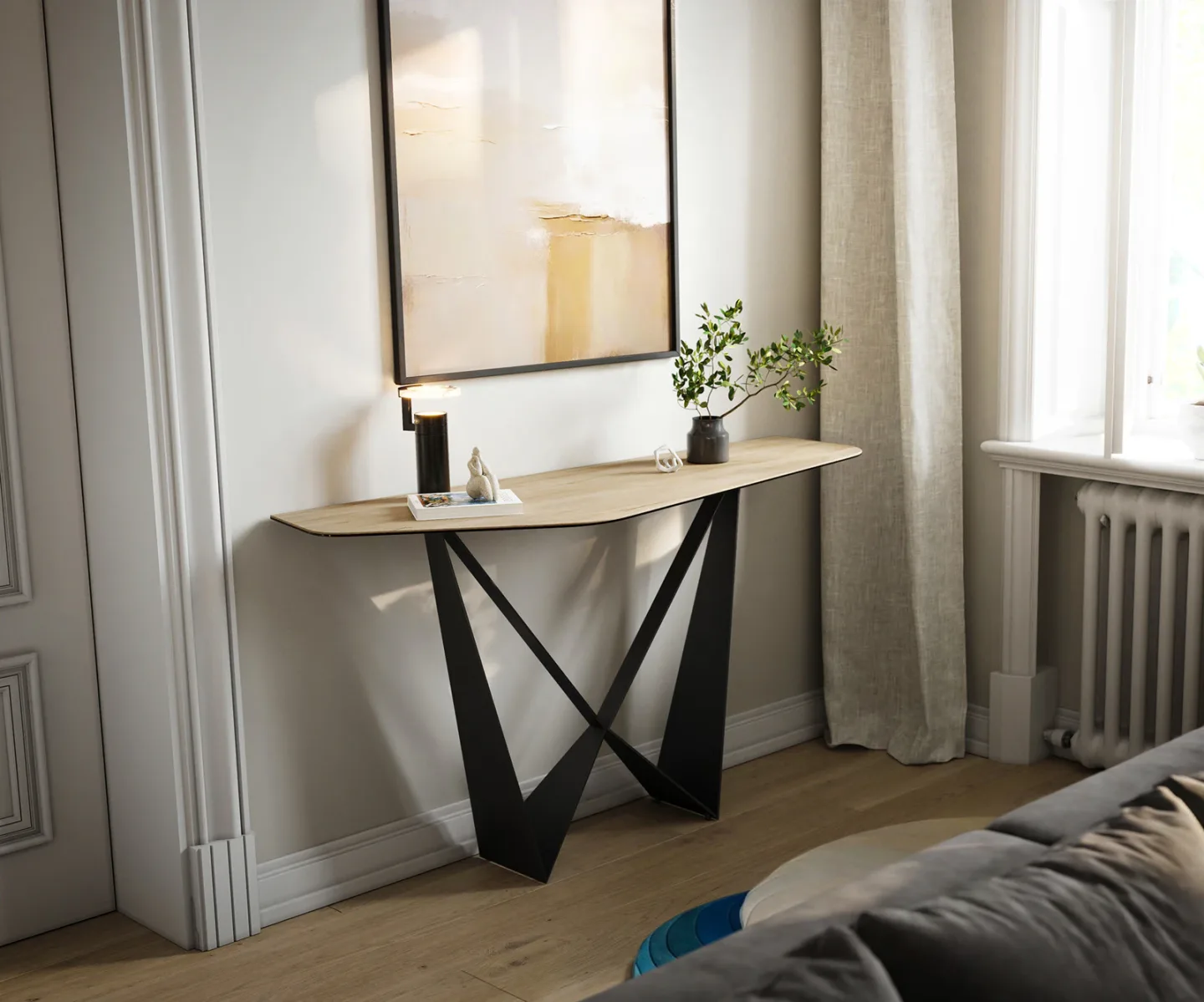 Konsolentisch Edge Polygonal 140x50 cm Keramik Laminam® Sabbia Eichefarbig Spios Metall Schwarz