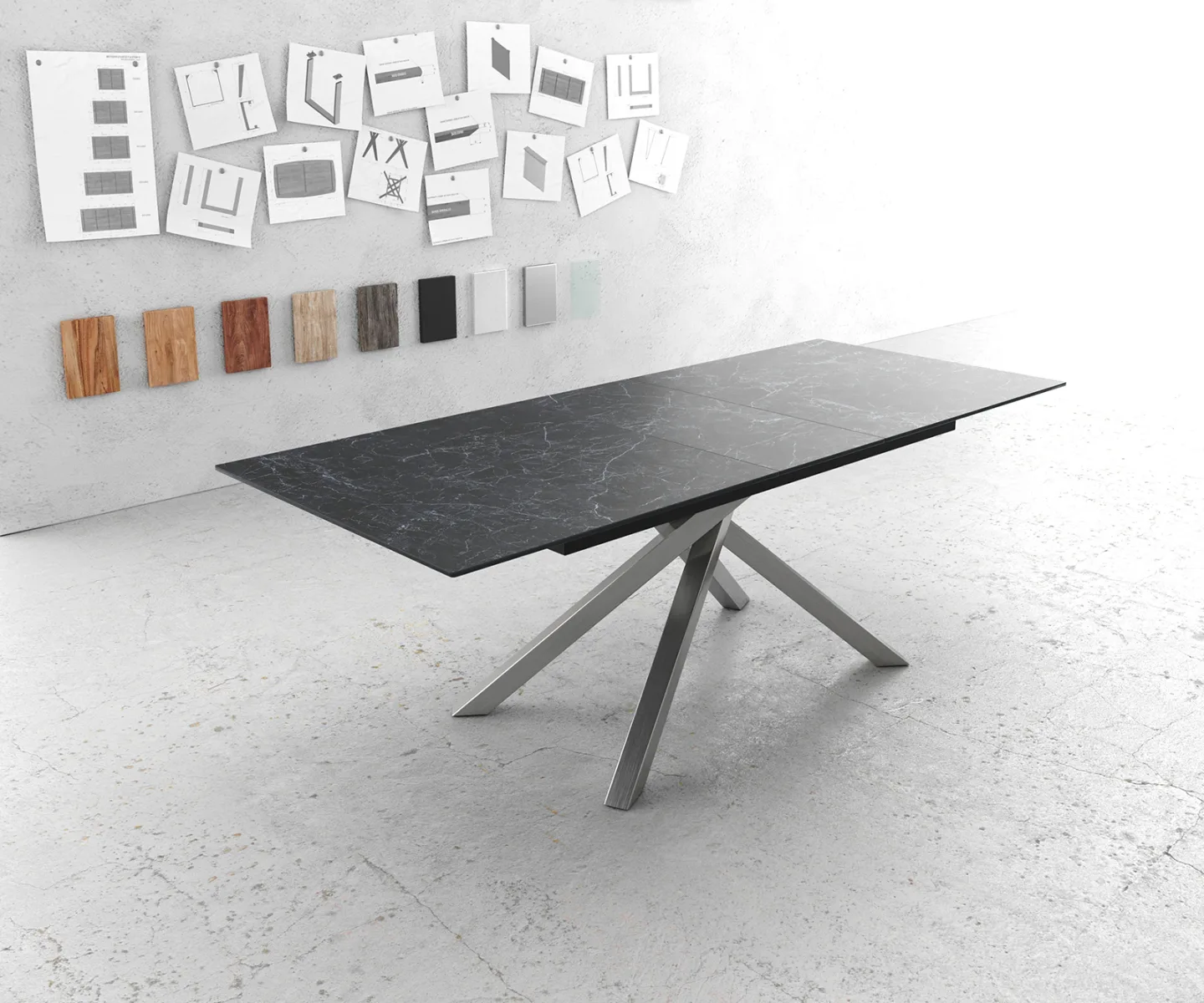 Esstisch Edge 180-220x100cm Keramik Laminam®Nero Greco Anthrazit Kreuzgestell Rechteck Edelstahl ausziehbar