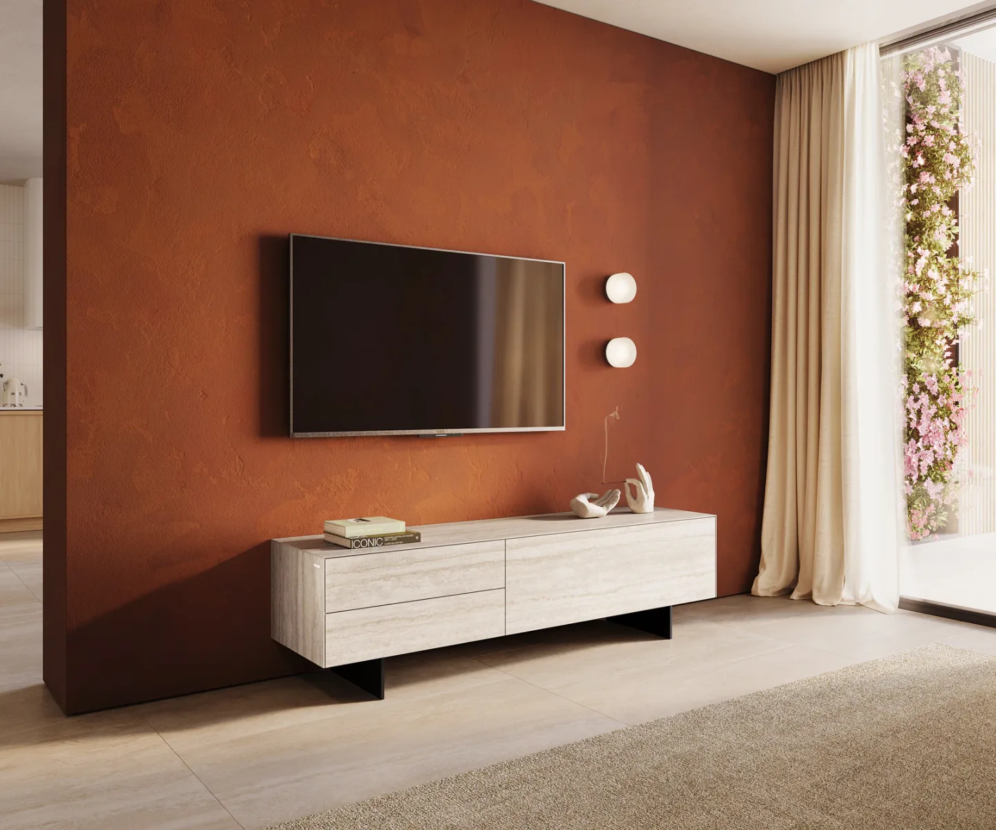 Lowboard Cuor 180 cm Keramik Laminam® Travertino Bianco Creme-Weiß 1 Klappe 2 Schubfächer Fuß Schwebeoptik Metall Schwarz