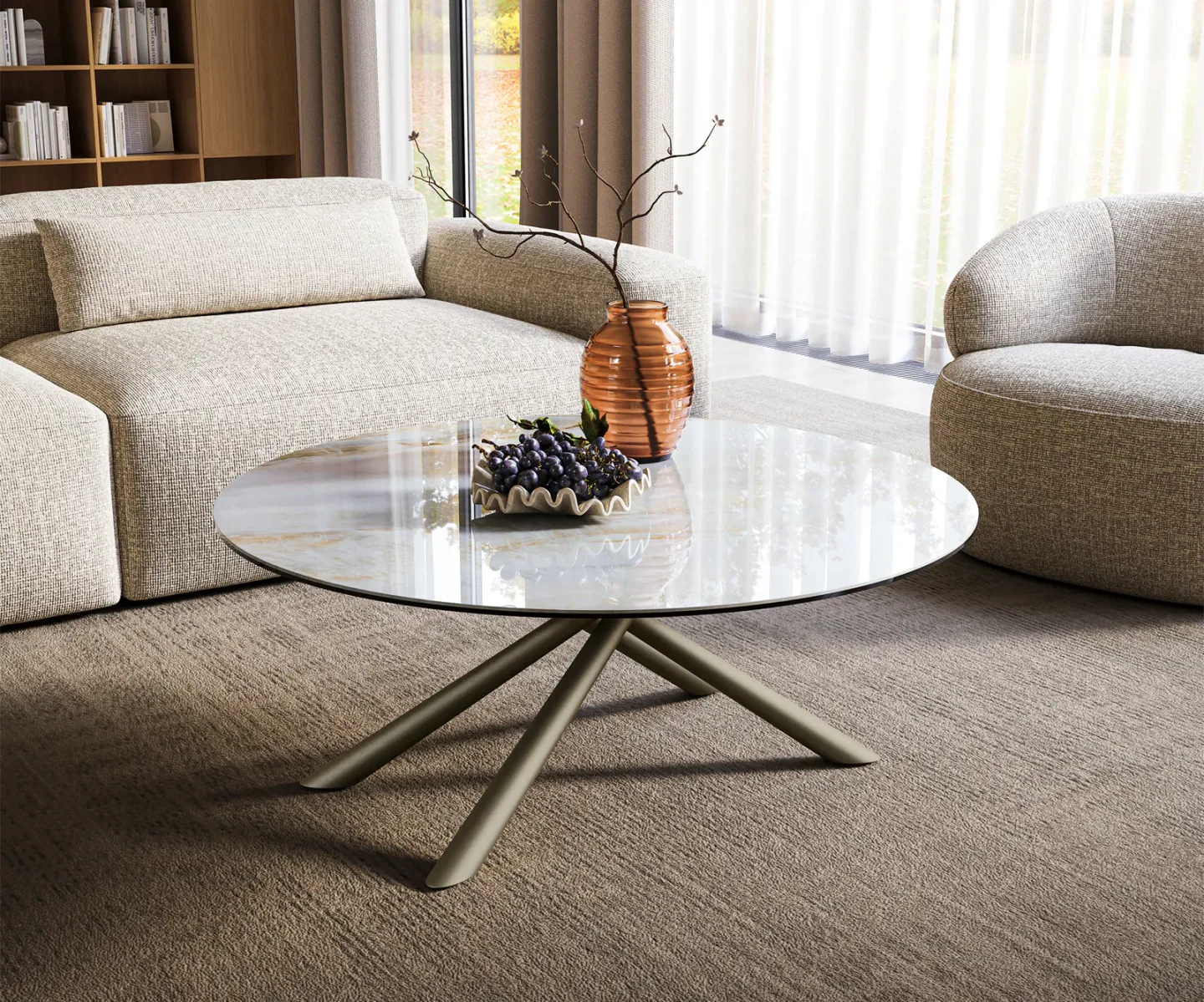 Couchtisch Edge Rund 100x100 cm Keramik Onyx Pearl Sarity Metall Effektfinish Titan