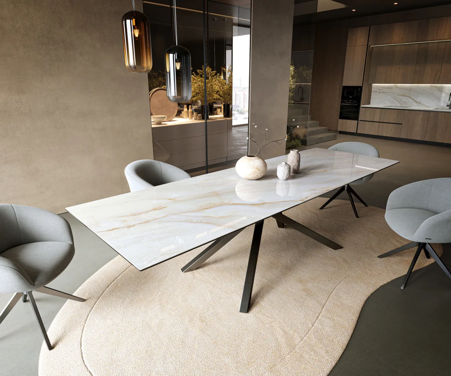Esstisch Edge 300x100 cm Keramik Onyx Pearl Kreuzgestell Rechteck Edelstahl Graphit