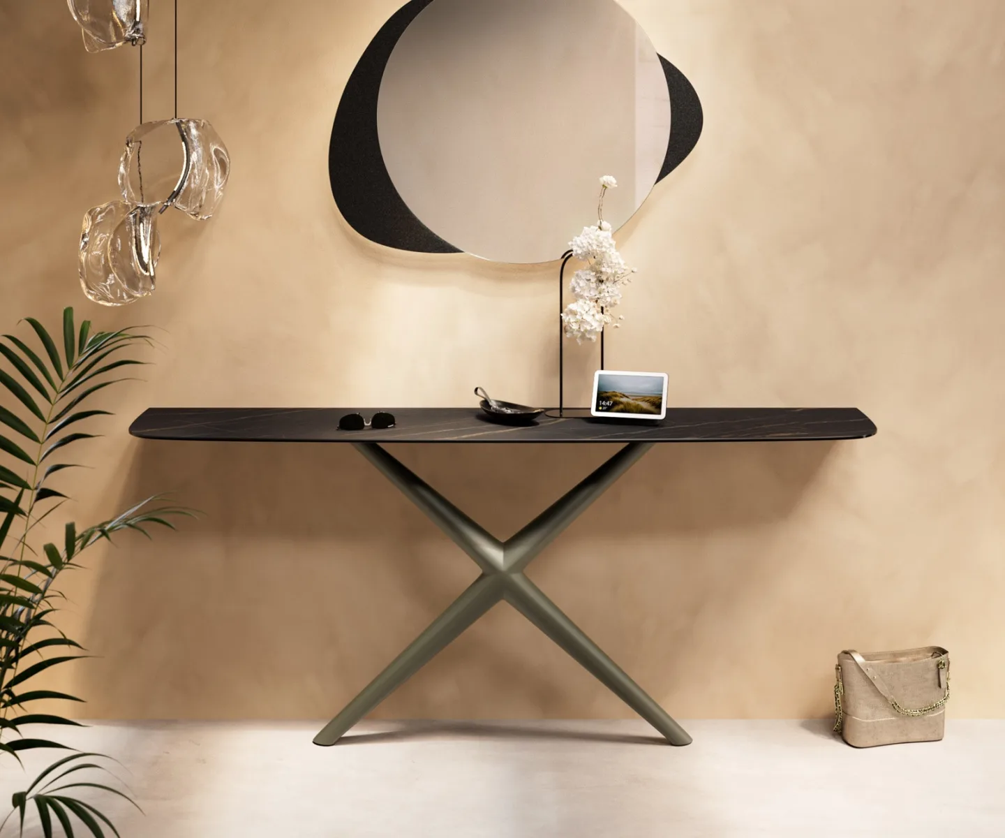 Konsolentisch Edge Boot 180x40 cm Keramik Laminam® Noir Desir Braun Estelo Metall Effektfinish Titan