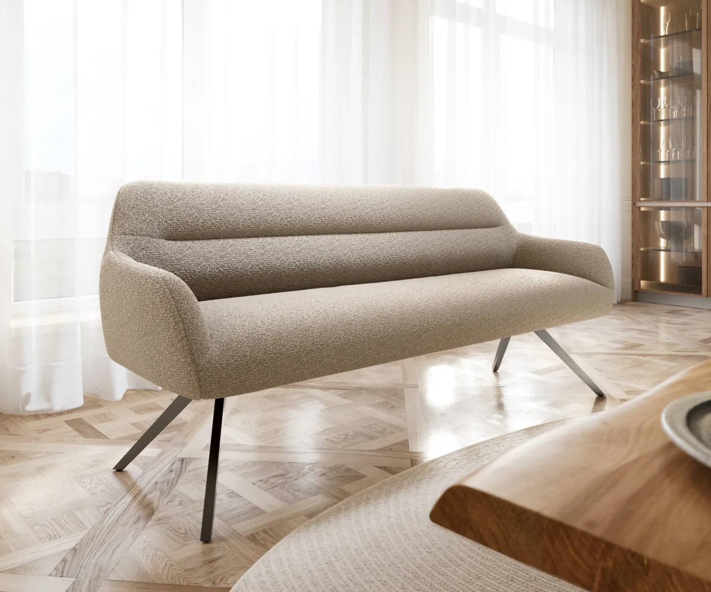 Esszimmerbank Taya-Flex 200 cm Bouclé Schlamm Kreuzgestell kantig Graphit Taschenfederkern