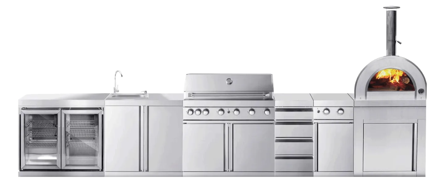 Outdoorküche mit Pizzaofen Edelstahl Kansas Myoutdoorkitchen Stainless Collection Gasgrill Kühlschrank Seitenbrenner Spüle