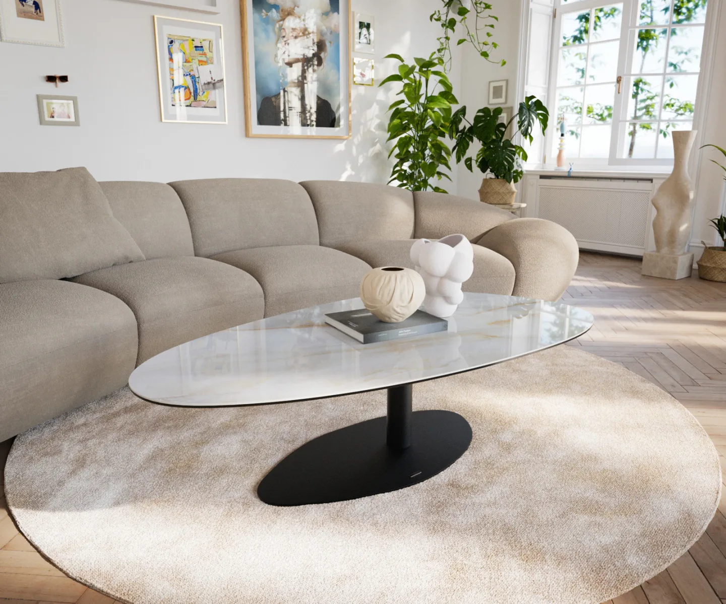 Couchtisch Edge Oval 140x75 cm Keramik Onyx Pearl Vibany Metall Schwarz