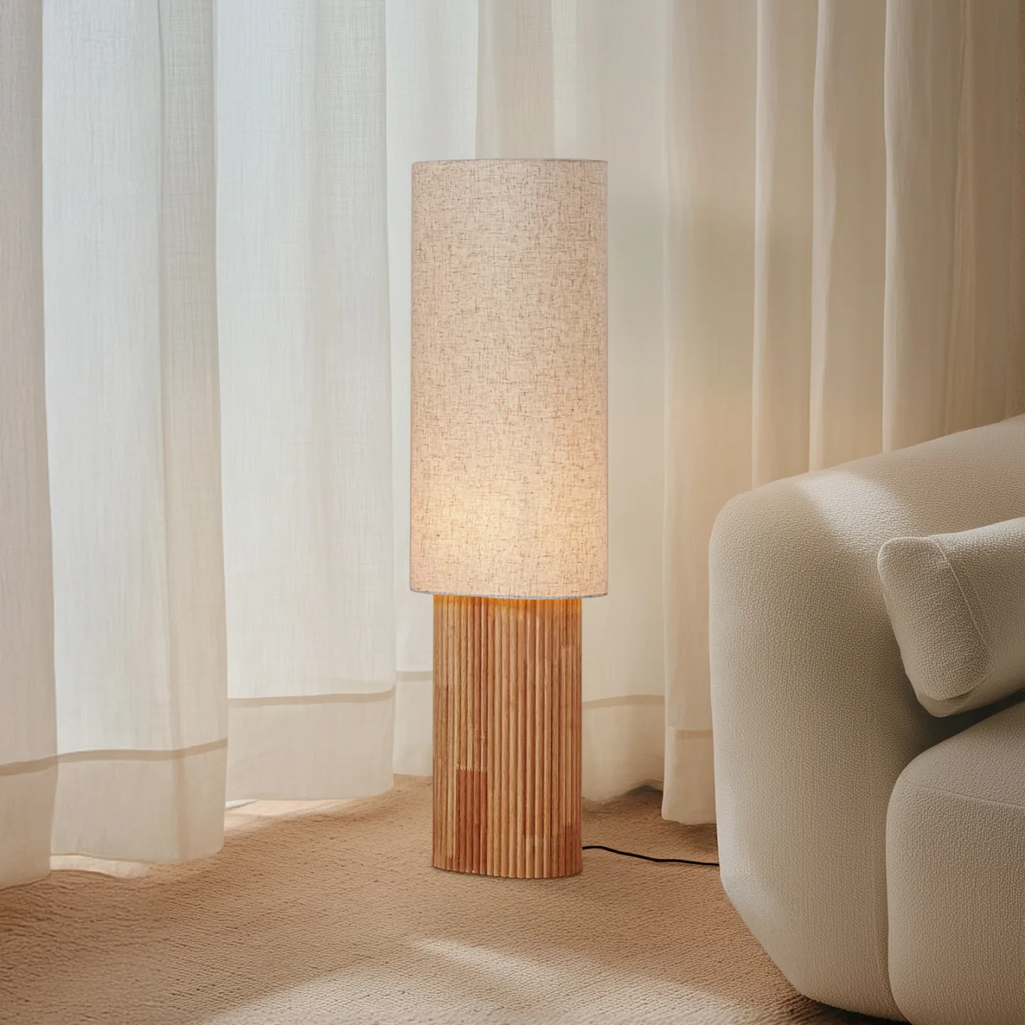 Kimiko gulvlampe, høyde 100 cm, tre, tekstil, E27 - Lindby - Stue - Skandinavisk - Stoff / Tekstil - Med skjerm
