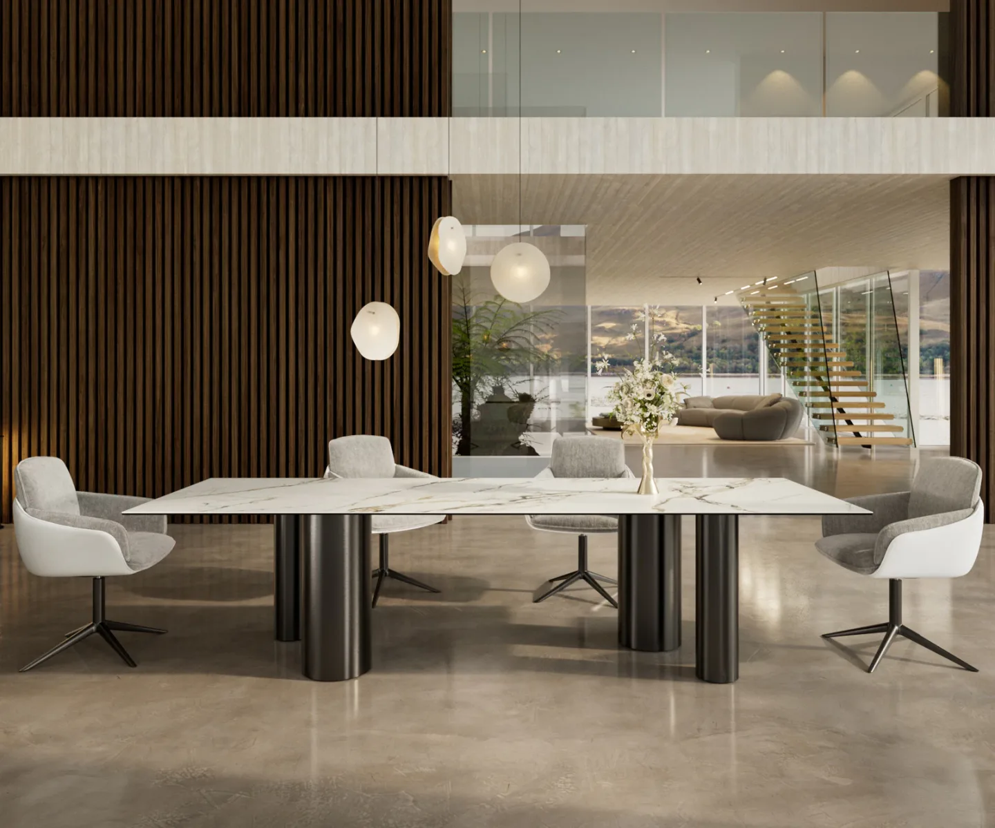 Esstisch Edge 300x100 Keramik Calacatta Luxe Weiß-Gold-Grau Pilier Edelstahl Graphit