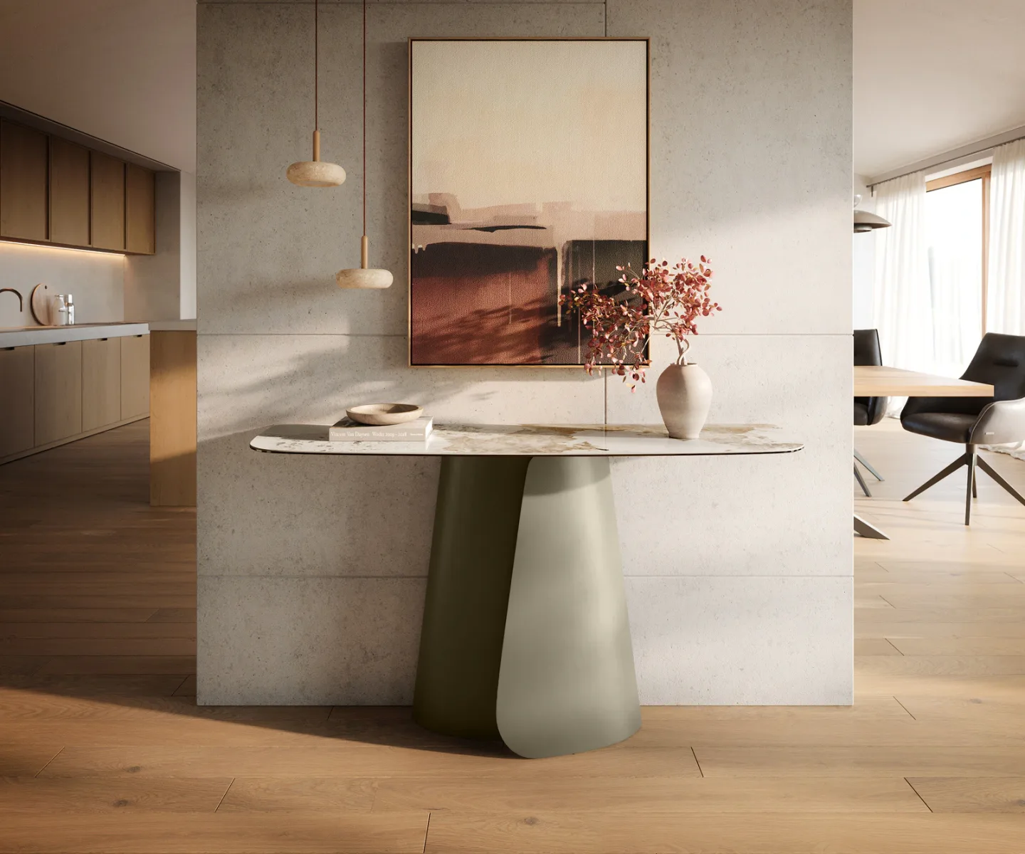Konsolentisch Edge Boot 140x40 cm Keramik Minas Melange Weiß-Beige Livos Metall Effektfinish Titan