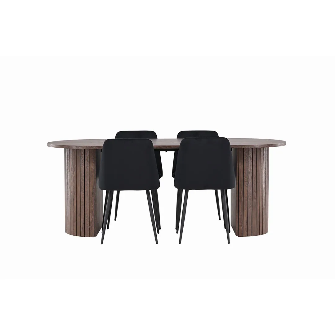 Härön Essgruppe Tisch 90x200cm und 4 Velours Stühle mocca.