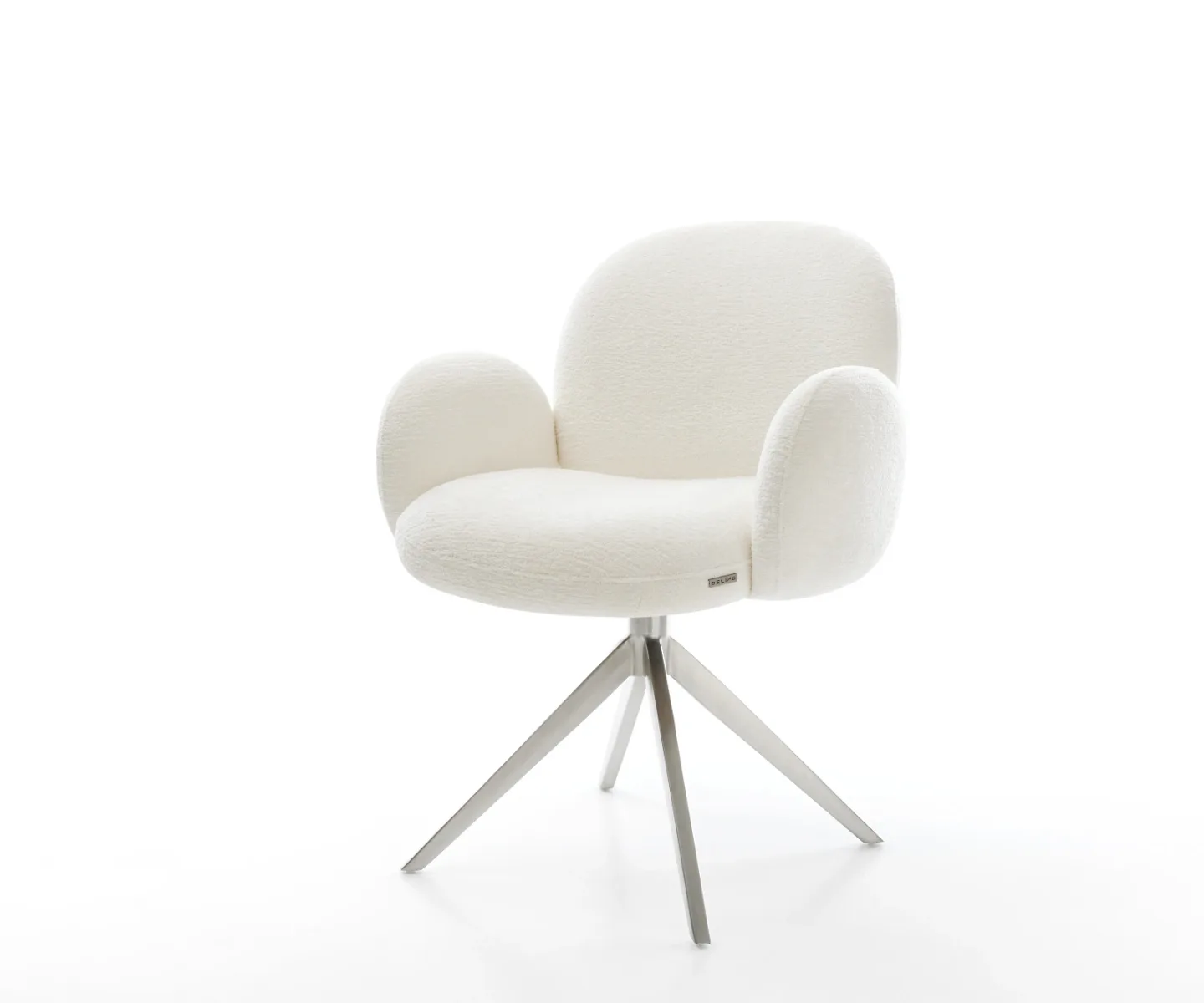 Drehstuhl Nube-Flex mit Armlehnen Bouclé Soft Beige Kreuzgestell breit Edelstahl 360° drehbar Wippfunktion Taschenfederkern