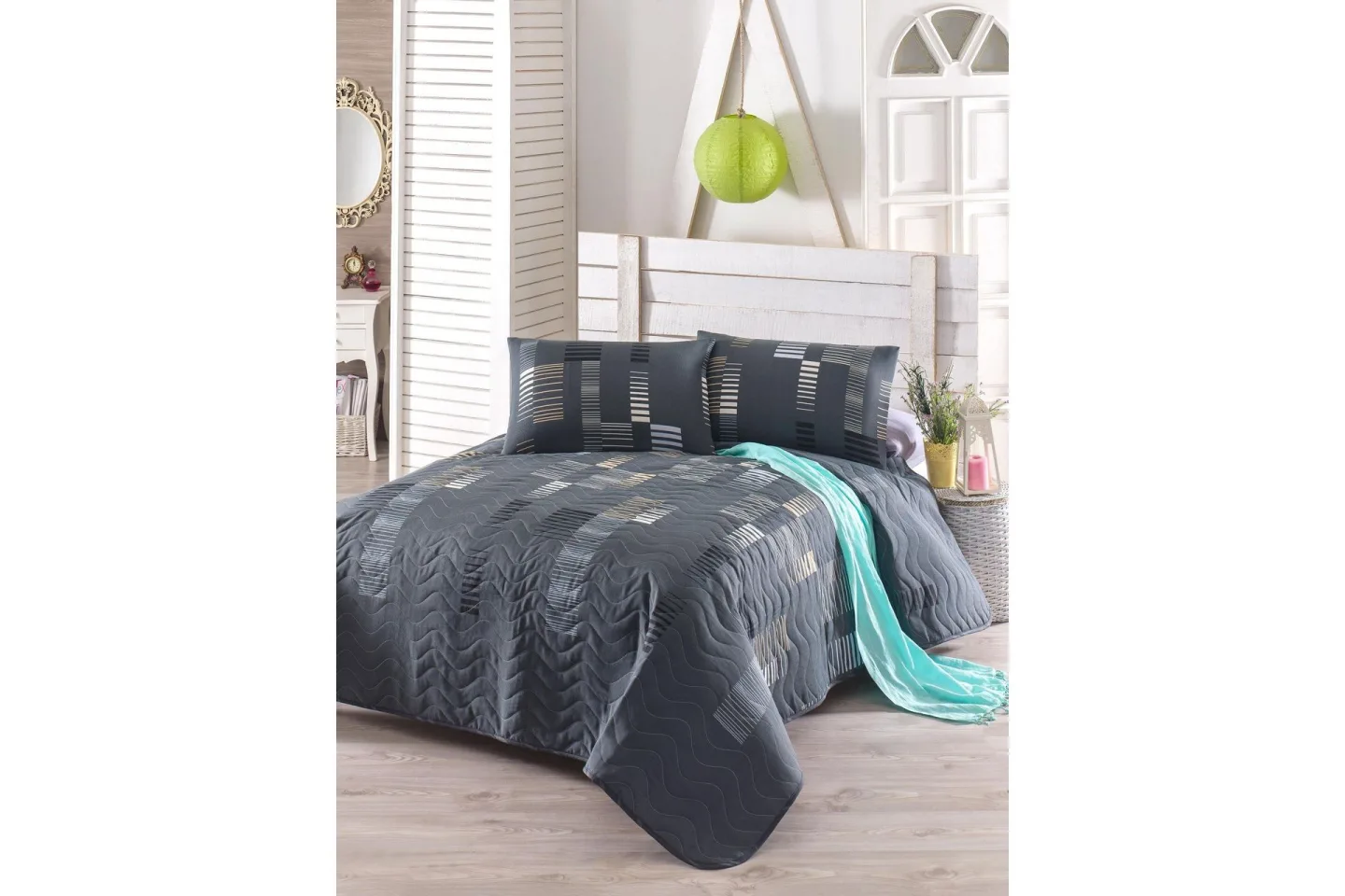 Eponj Home Överkast Enkelt 160x220+Kuddfodral Quiltat - Antracit/Svart/Vit