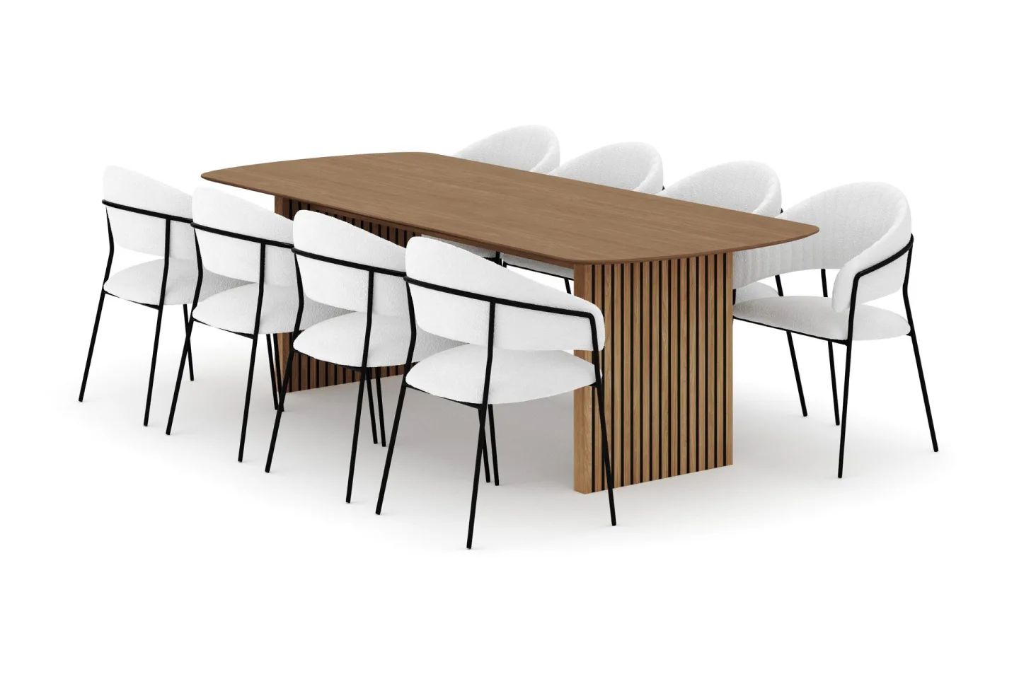 Richeto Matbord 240 cm med 8 Karol Matstolar - Naturlig finish / Vit Bouclé