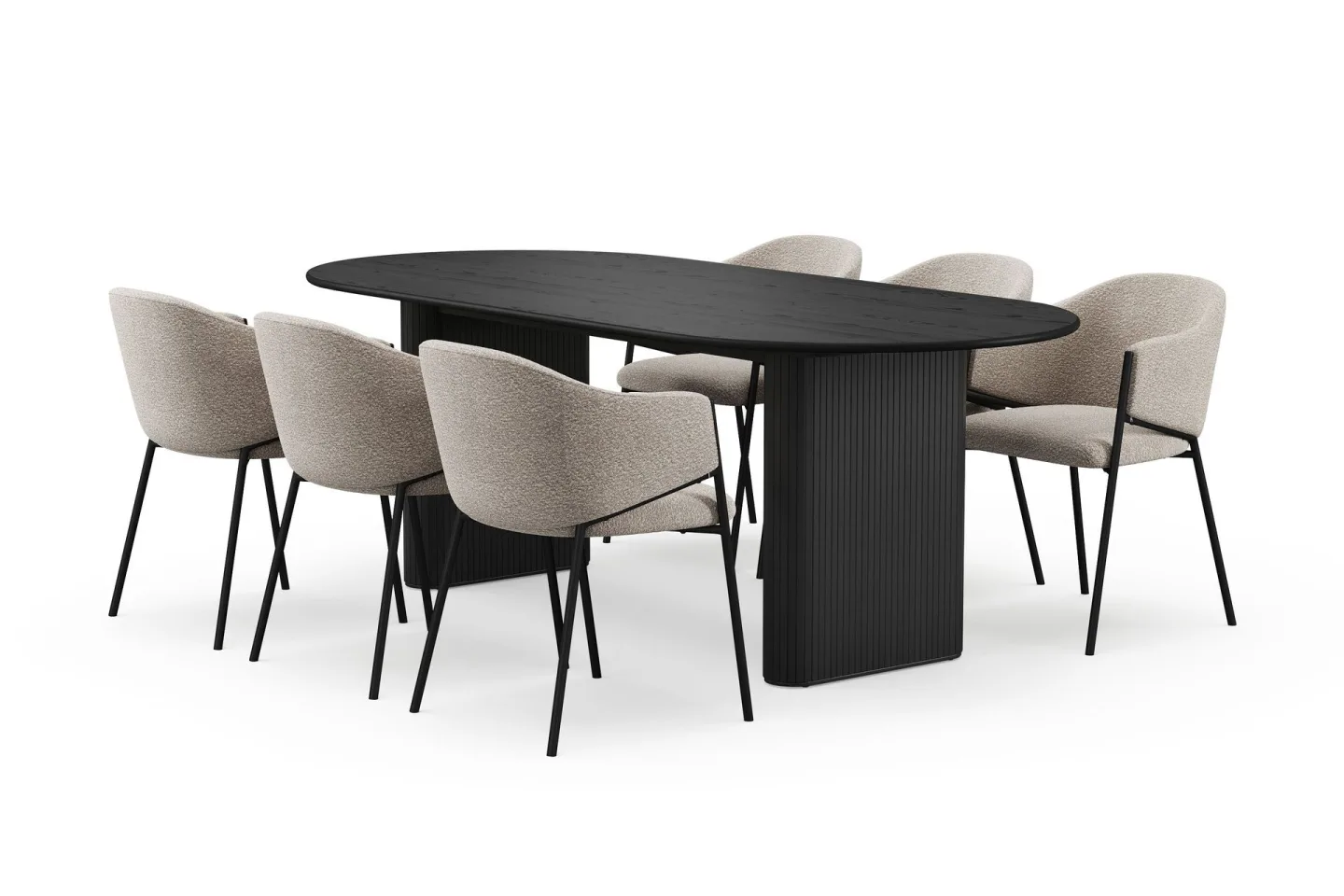 Noira Ovalt Matbord 220 cm med 6 Filip Matstolar - Svart / Taupe Bouclé