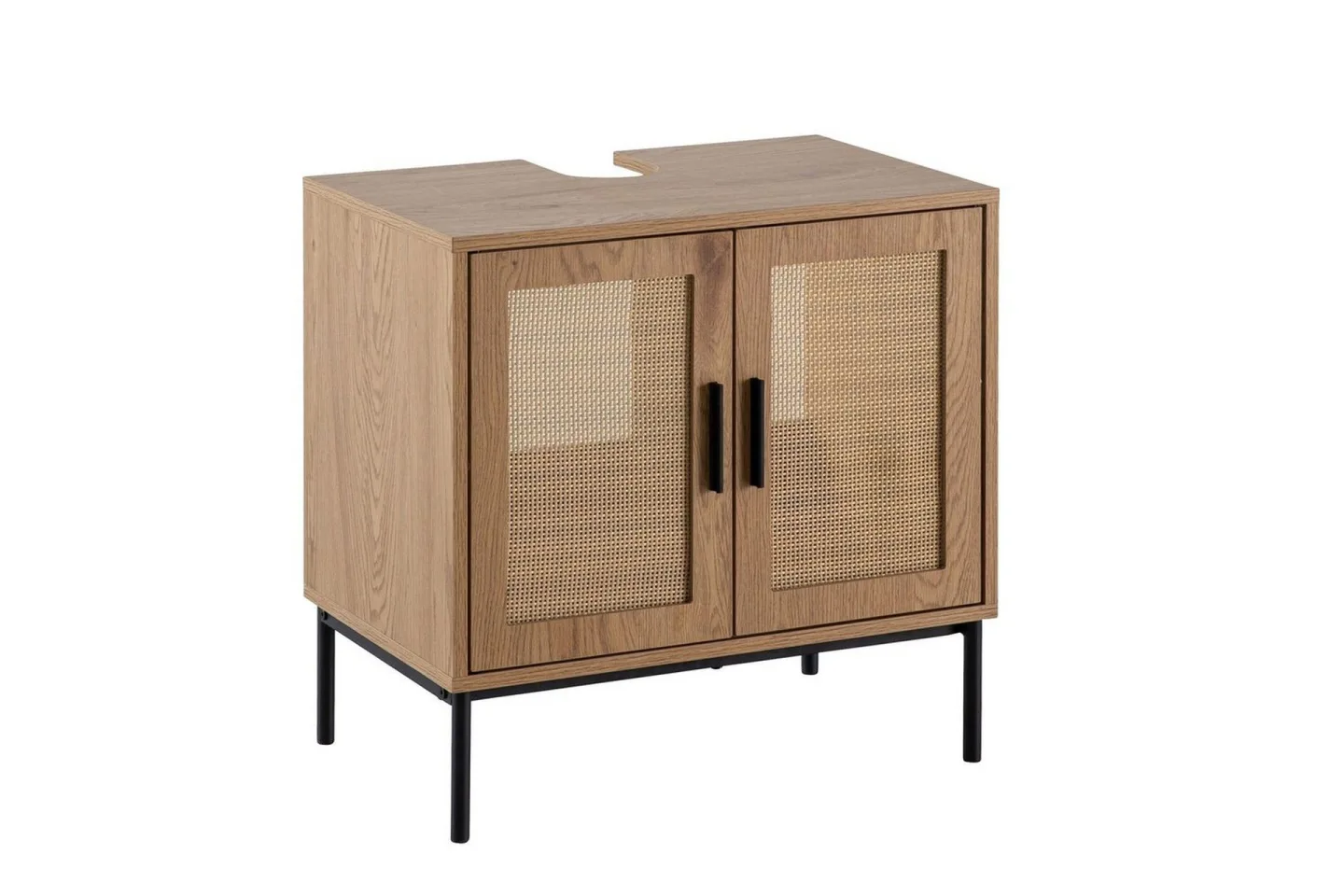 Tvättställsskåp Wohnling melaminbelagd MDF, ek-optik, rottingfront, metallben, modern loftstil 2 dörrar - 2 dörrar