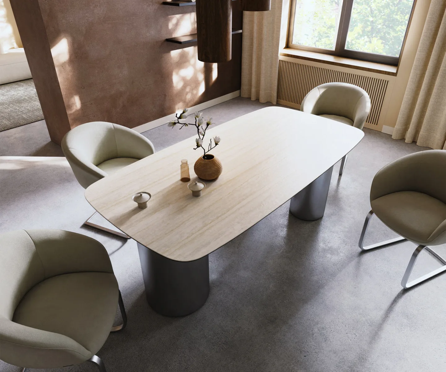 Esstisch Edge Boot 200x100 Keramik Laminam® Travertino Bianco Creme-Weiß Troa Edelstahl gebürstet