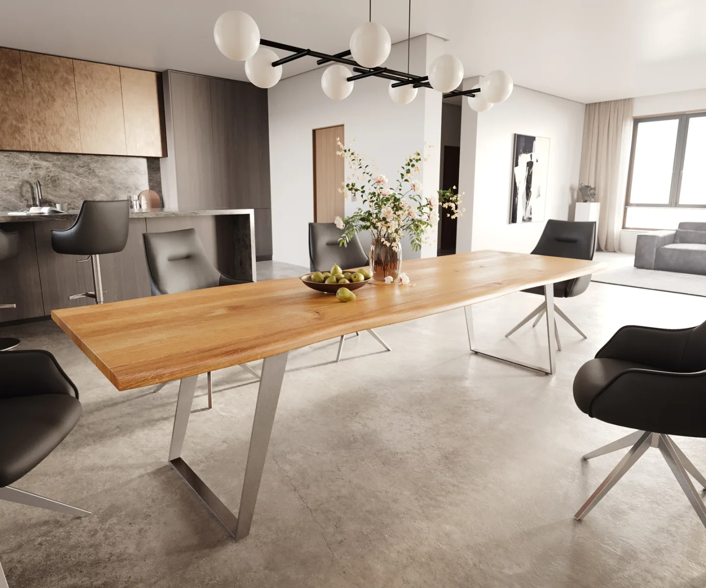 Esstisch Edge 300x100x4 Eiche Natur Edelstahl Schräg Live-Edge