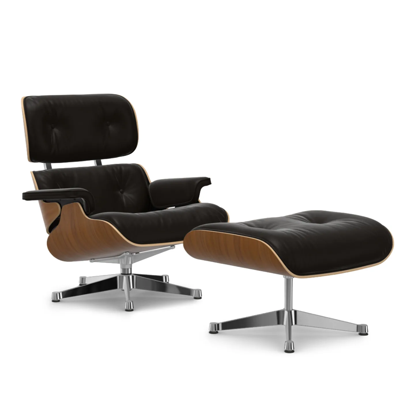 Vitra - Eames Lounge Set Natural Walnut Leather Premium Chocolate 68 Polished Aluminium - Fåtöljer - Charles & Ray Eames - Brun