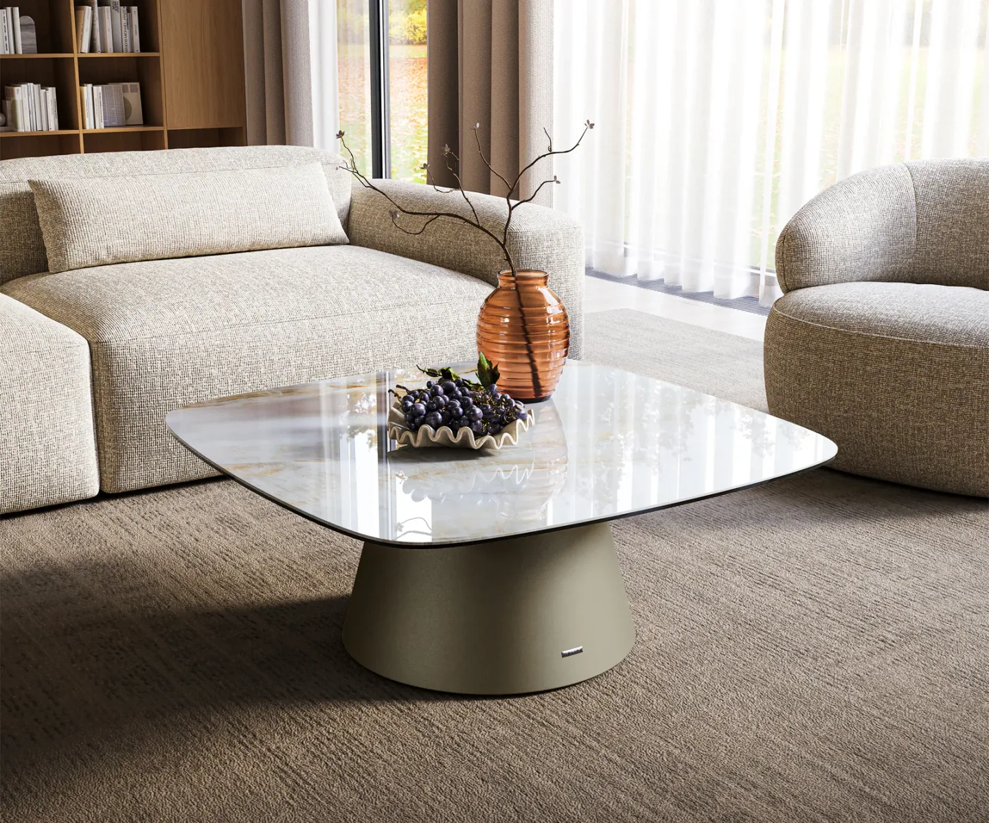 Couchtisch Edge Boot 90x90 cm Keramik Onyx Pearl Borna Effektfinish Titan
