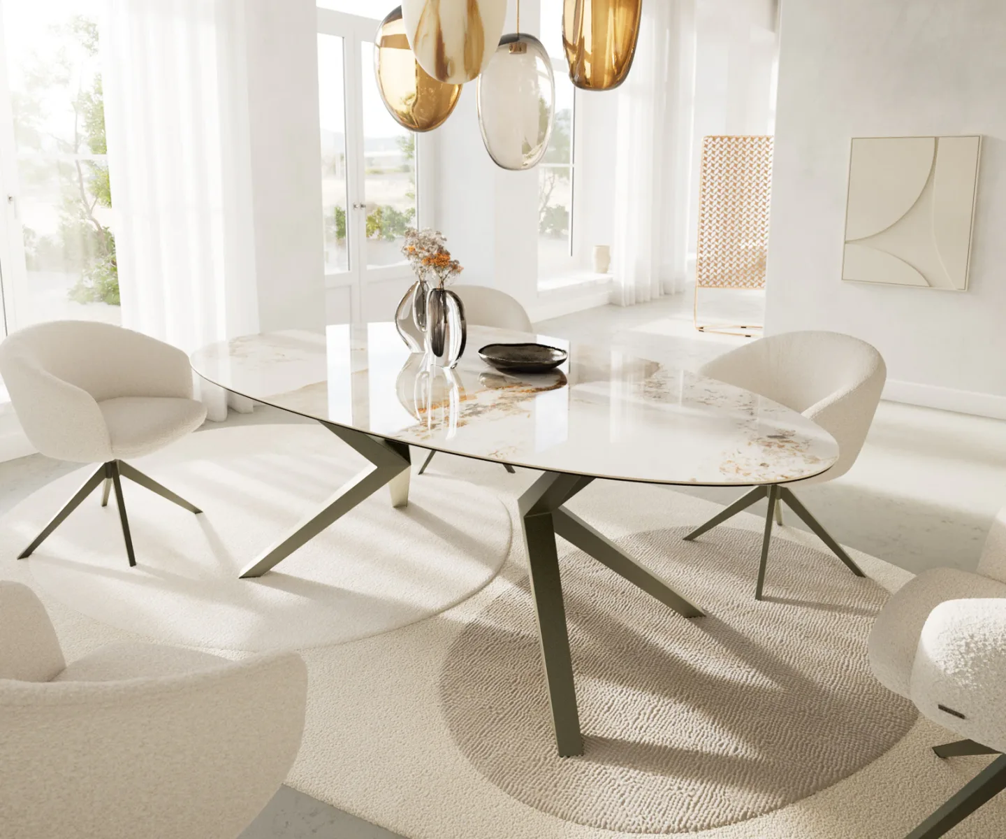 Esstisch Edge Oval 220x120 Keramik Minas Melange Weiß-Beige Zenthara kantig Metall Effektfinish Titan