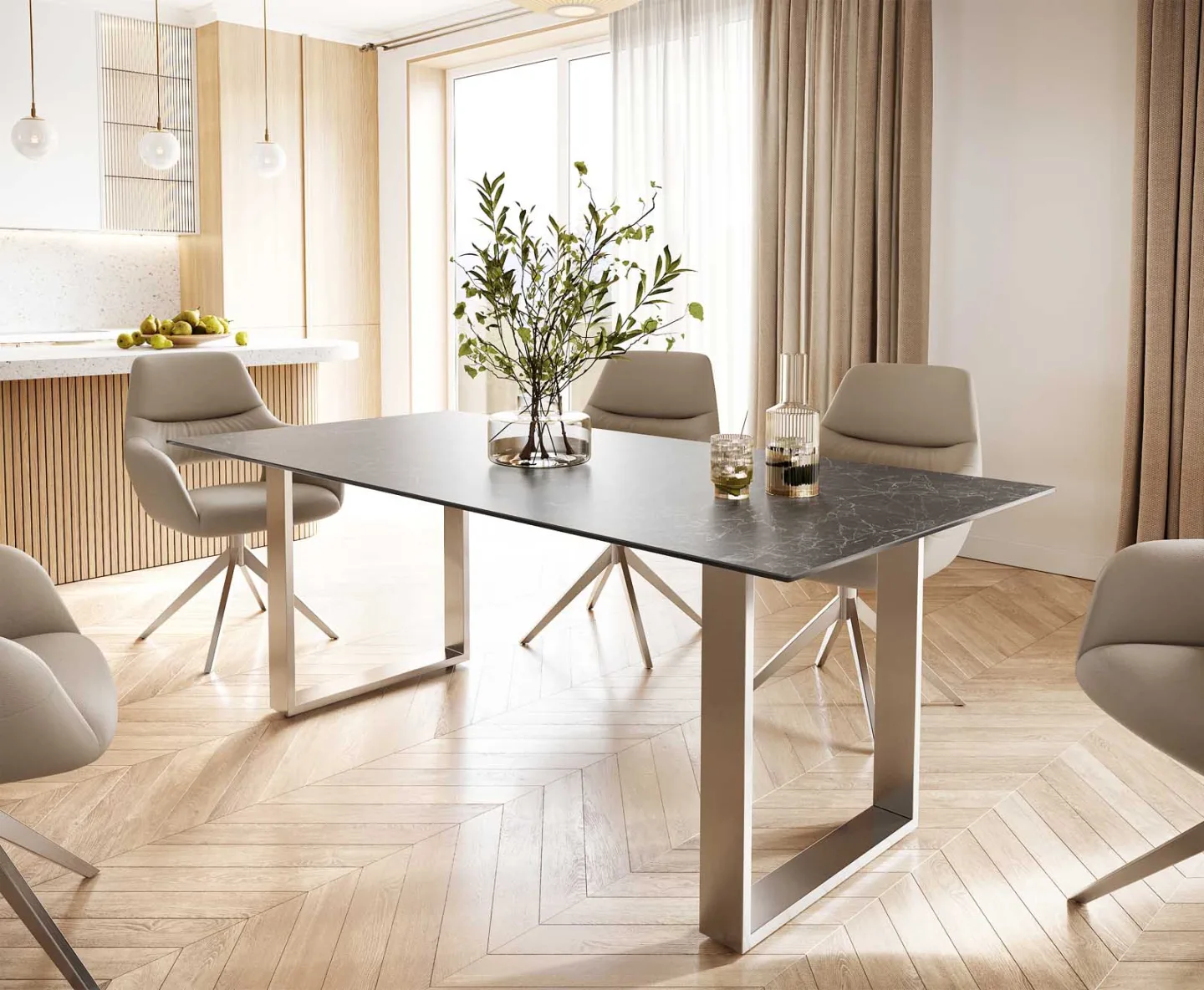 Esstisch Edge 200x100 Keramik Laminam® Nero Greco Anthrazit Edelstahl Schmal
