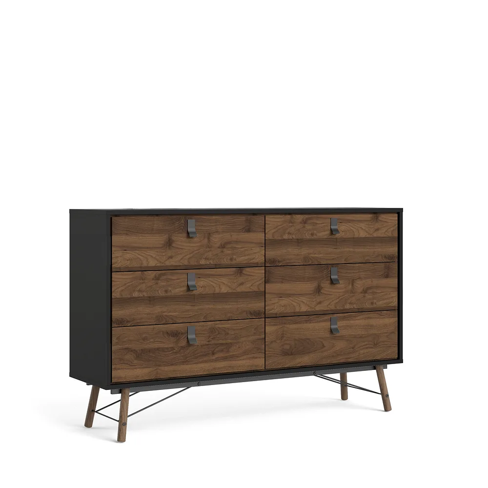 Rye Kommode breit 6 Schubladen mattschwarz, Walnuss Dekor.