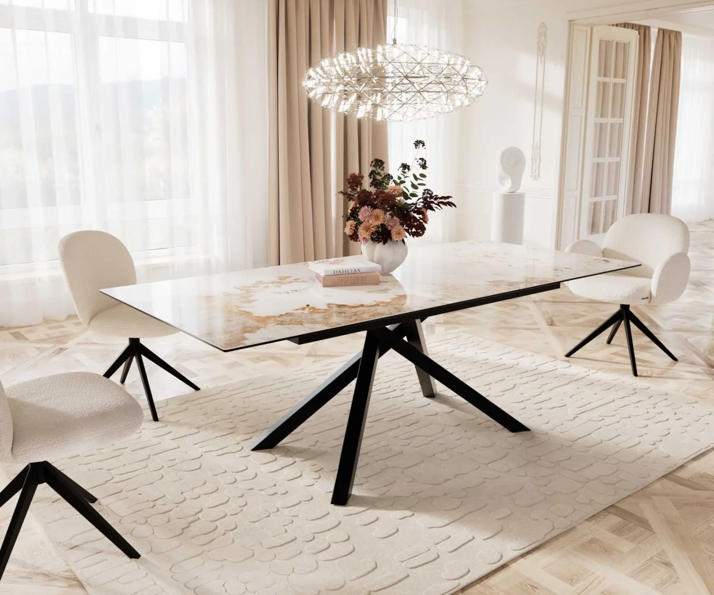 Esstisch Edge 180-220x100 Keramik Minas Melange Weiß-Beige Kreuzgestell Rechteck Schwarz ausziehbar