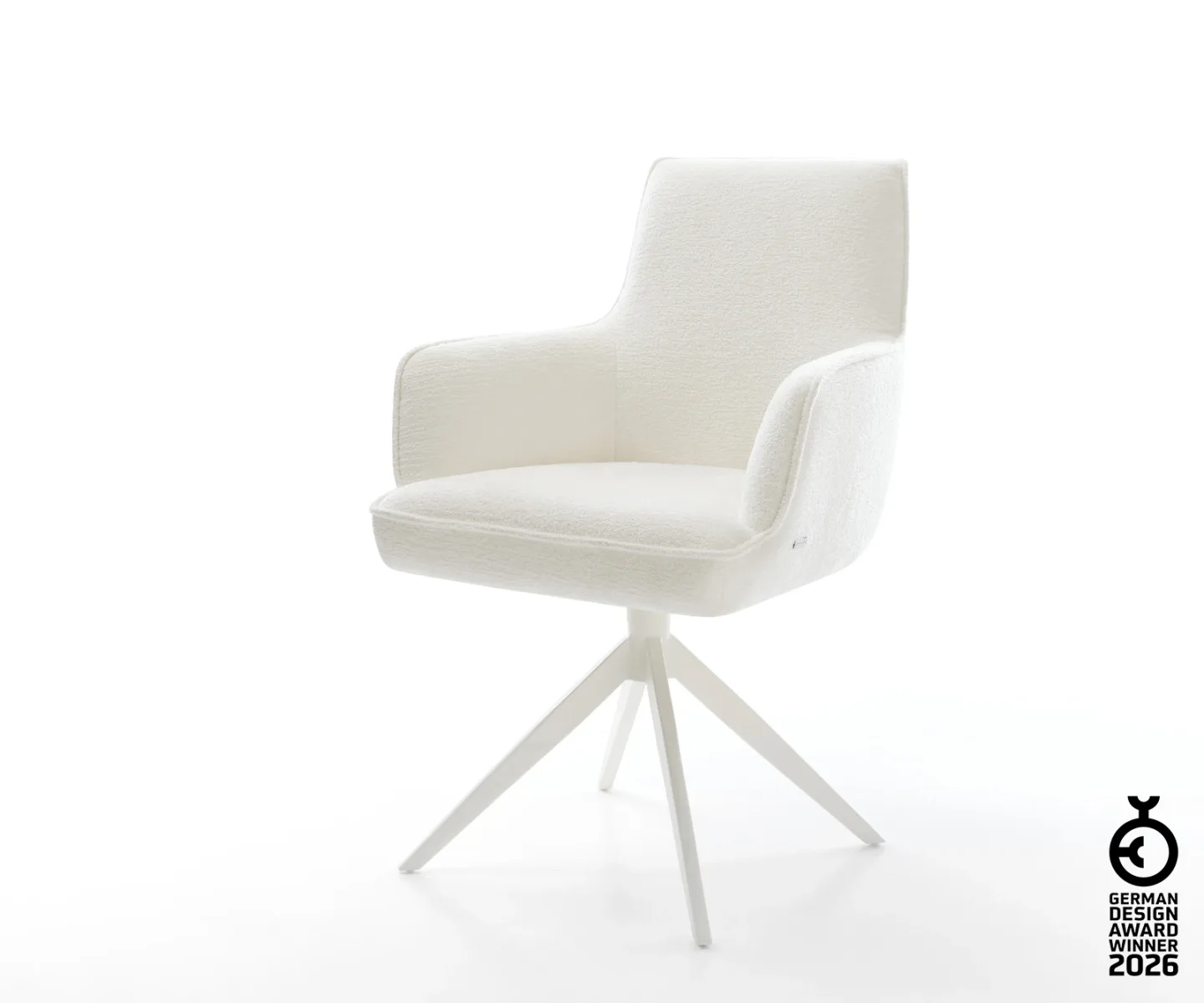 Drehstuhl Heira-Flex mit Armlehnen Bouclé Soft Beige Kreuzgestell breit Weiß 360° drehbar Wippfunktion Taschenfederkern