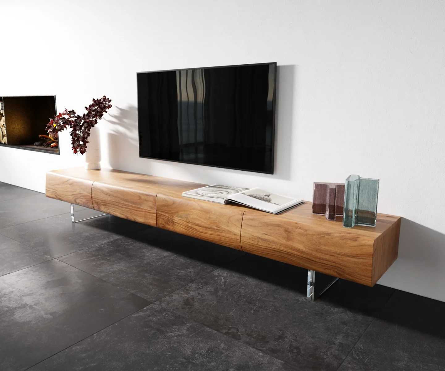 Lowboard New Live-Edge 240 cm Akazie Natur 4 Schubladen Acrylfuß