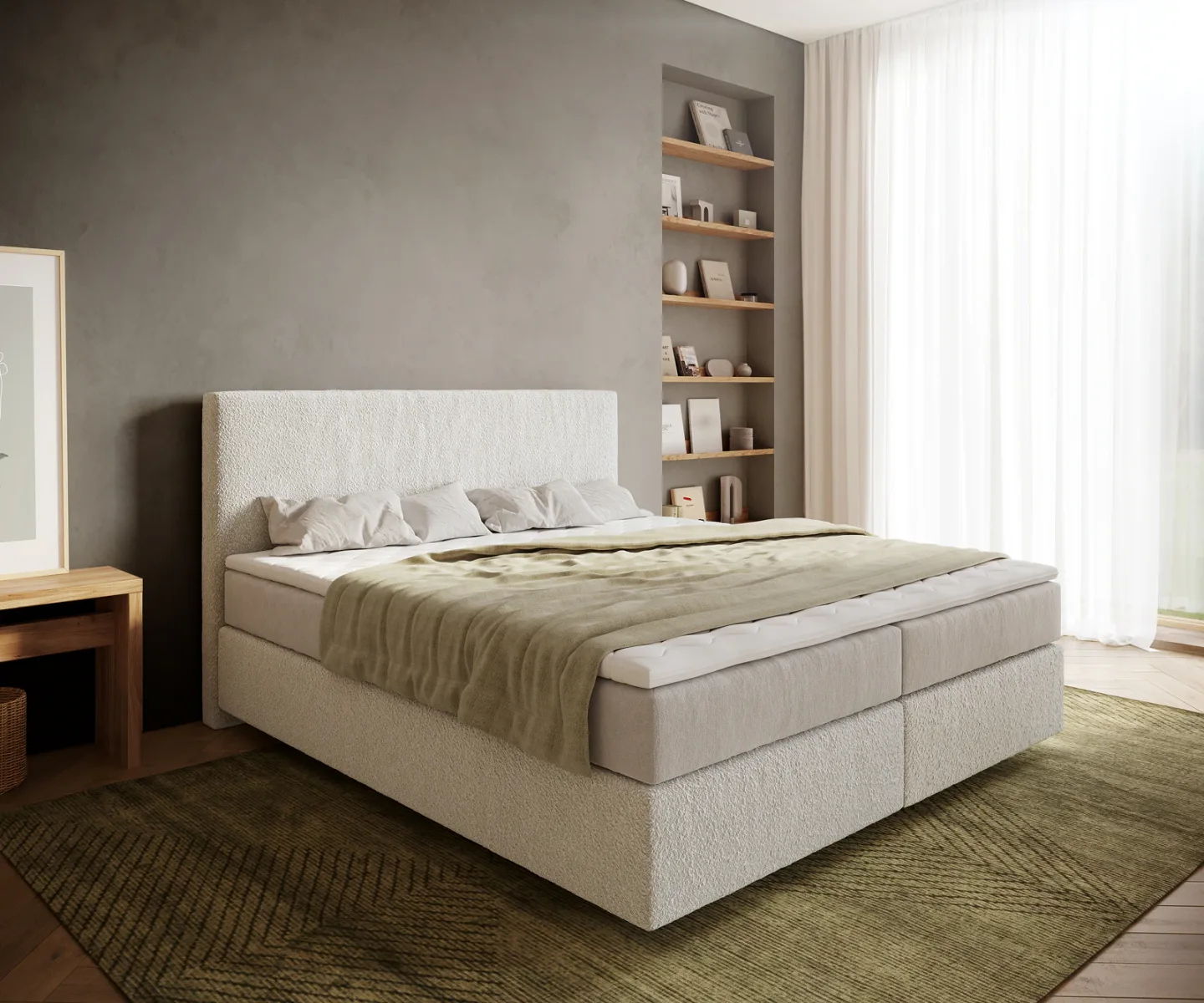 Boxspringbett Dream-Well 180x200 cm Bouclé Creme-Weiß mit Taschenfederkernmatratze und Topper Visco