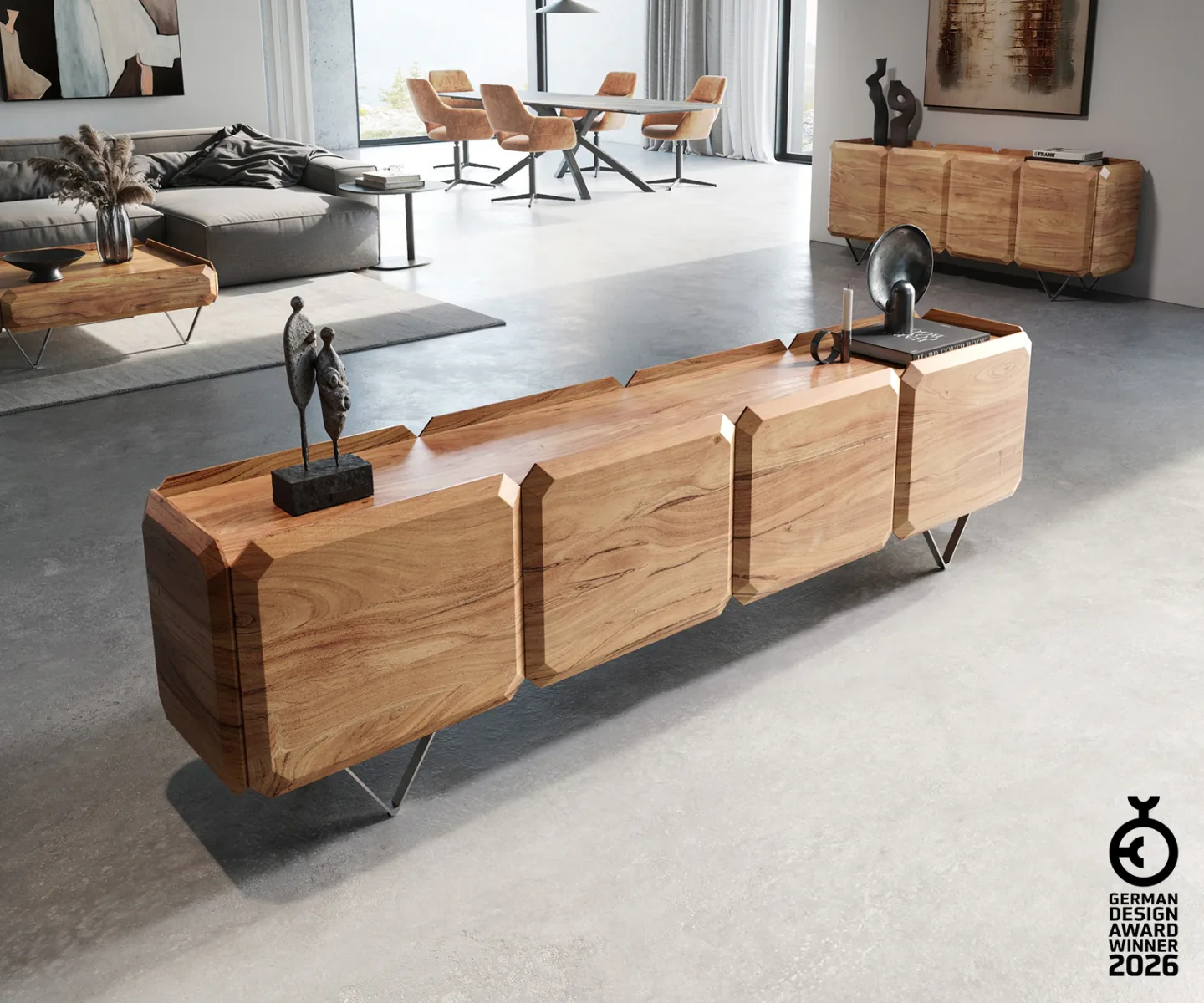 Lowboard Kiano 220 cm Akazie Natur 4 Türen V-Fuß Edelstahl Raumteiler