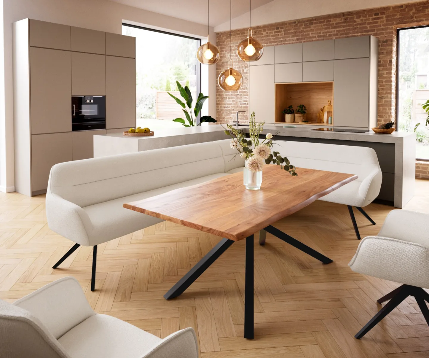 Esszimmerbank Taya-Flex 285x190 cm Bouclé Creme-Weiß Kreuzgestell kantig Schwarz Taschenfederkern Rechts