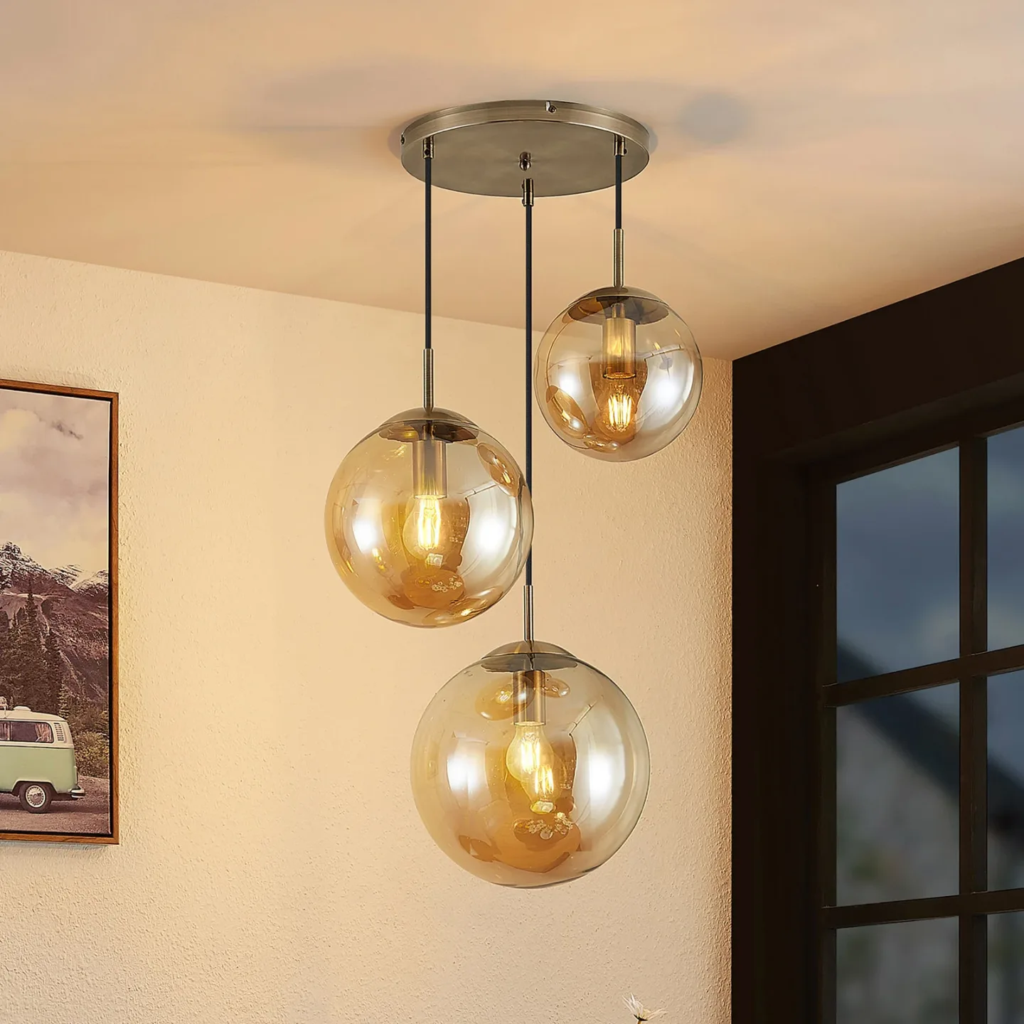 Teeja 3 Cluster Pendelleuchte Amber - Lindby - Wohnzimmer - Modern - Glas - Mehrflammig