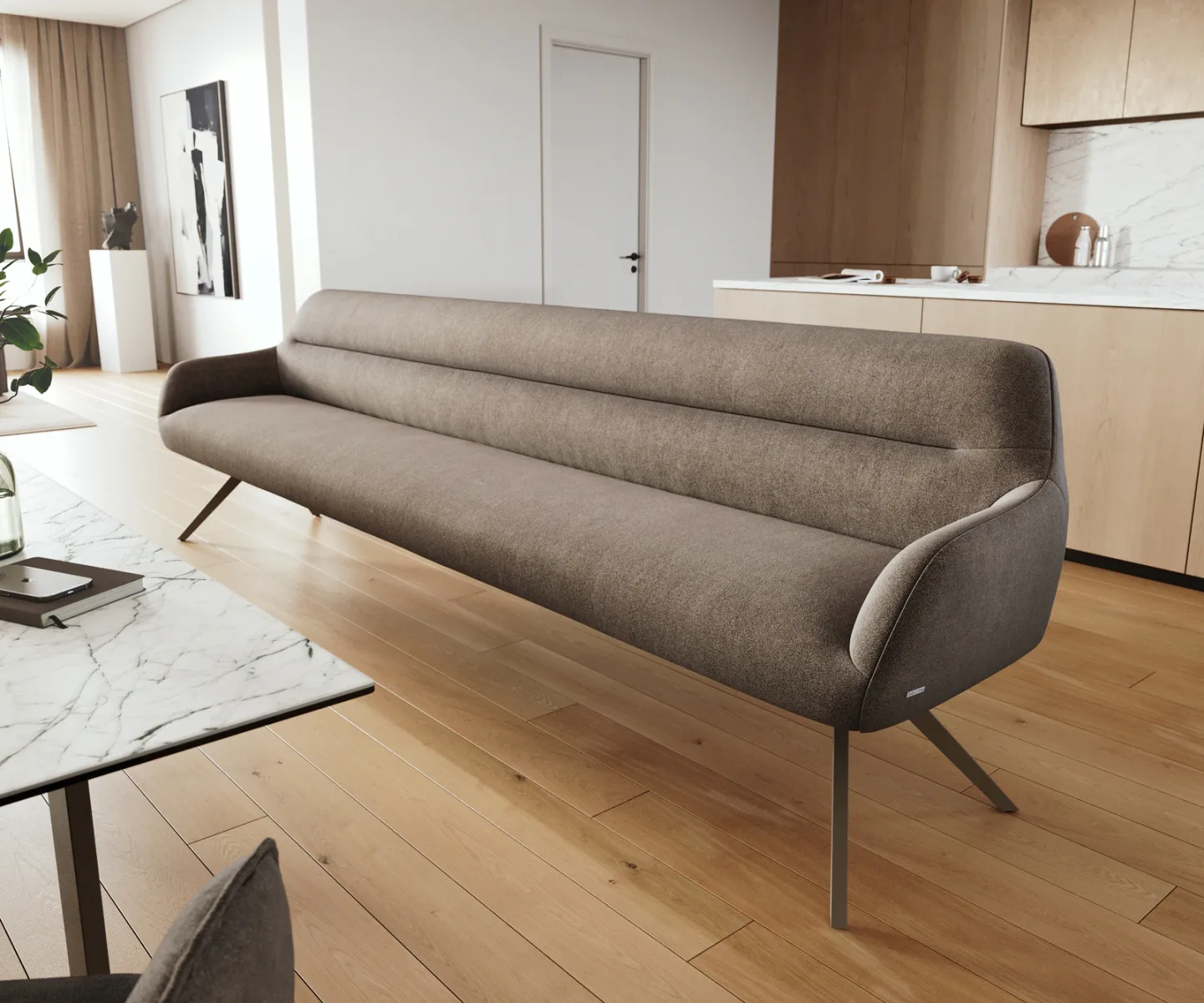 Esszimmerbank Taya-Flex 300 cm Strukturstoff Soft Taupe Kreuzgestell kantig Effektfinish Titan Taschenfederkern