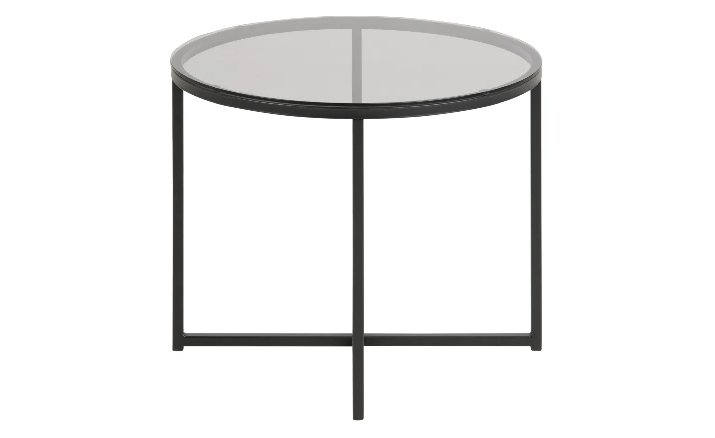 Cape Couchtisch Ecktisch Ø 55 cm Rauchfarbenes Glas und Metall matt schwarz.