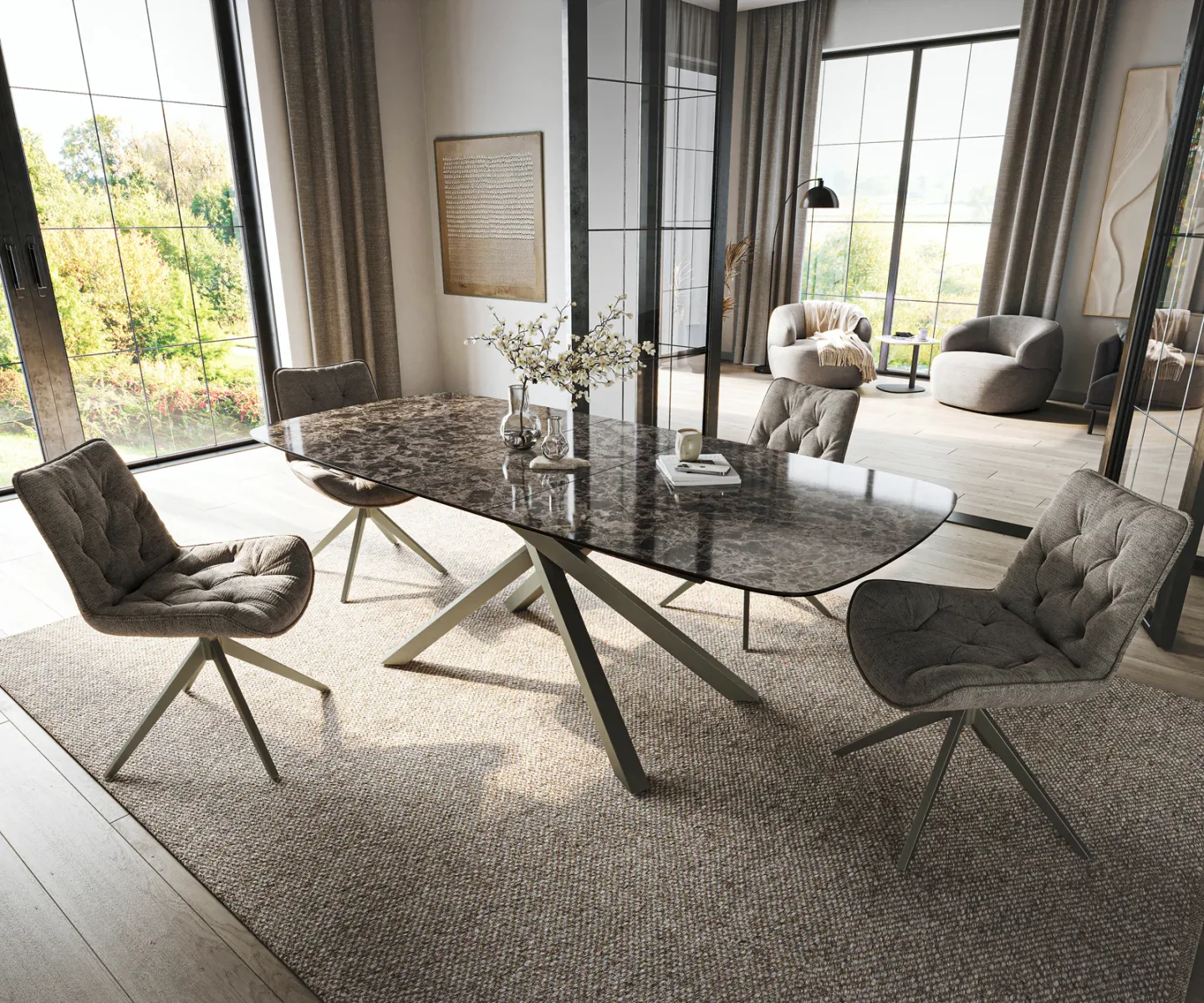 Esstisch Edge Boot 180-220x100 cm Keramik Emperador Extra Lucidato Dunkelbraun Kreuzgestell Rechteck Effektfinish Titan ausziehbar