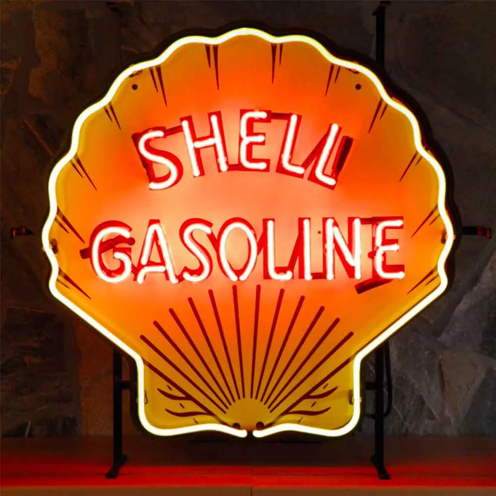 Neonskylt Shell Gasoline med bakgrund