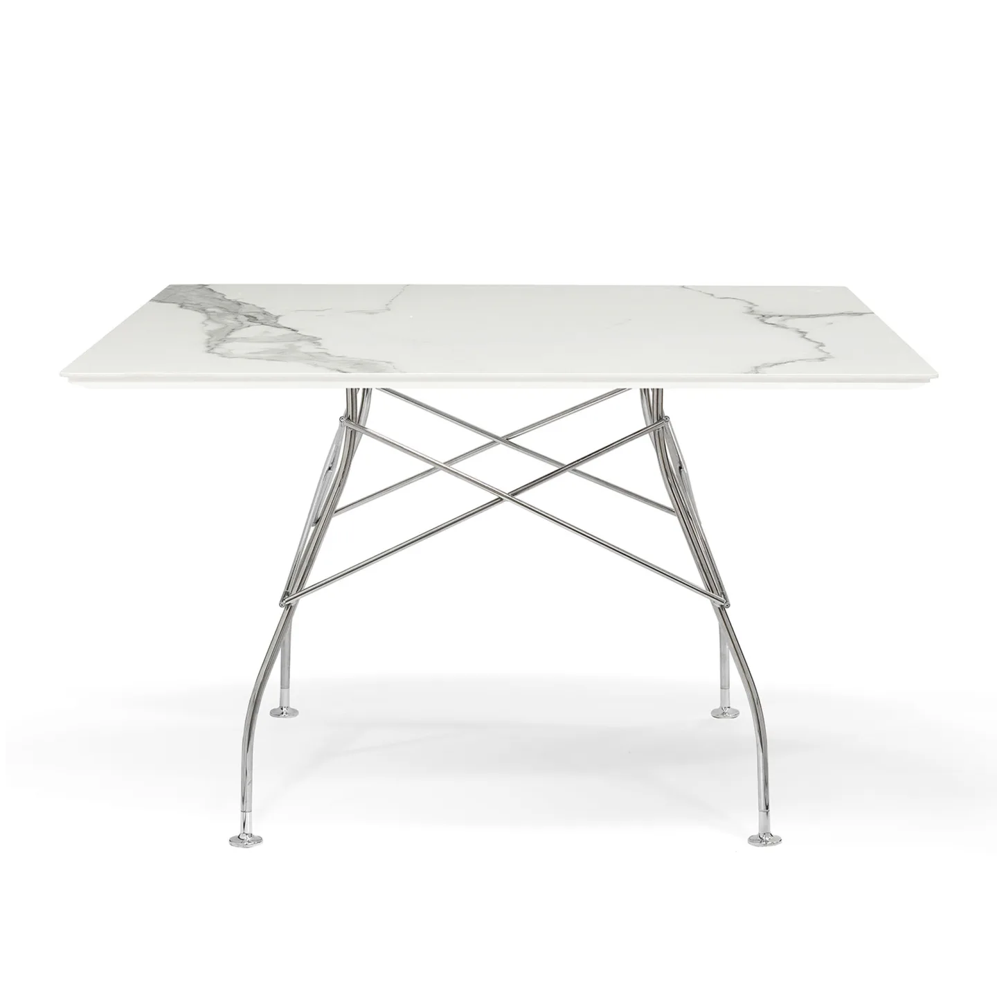 Kartell - Glossy Square Table 118x118 Marble Top, Chrome-plated Steel Frame White - Matbord - Antonio Citterio - Vit - Metall/Sten