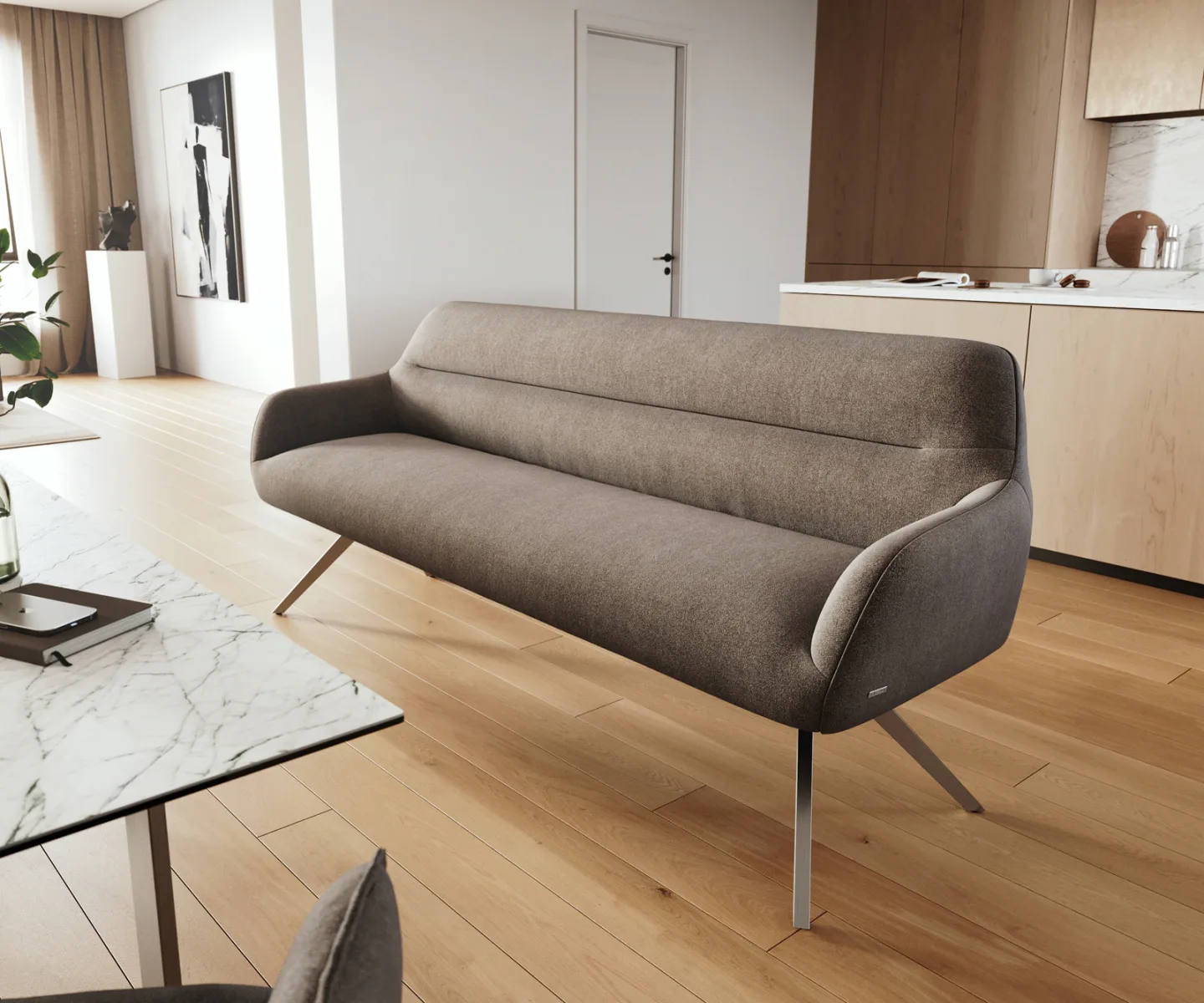 Esszimmerbank Taya-Flex 200 cm Strukturstoff Soft Taupe Kreuzgestell kantig Edelstahl Taschenfederkern