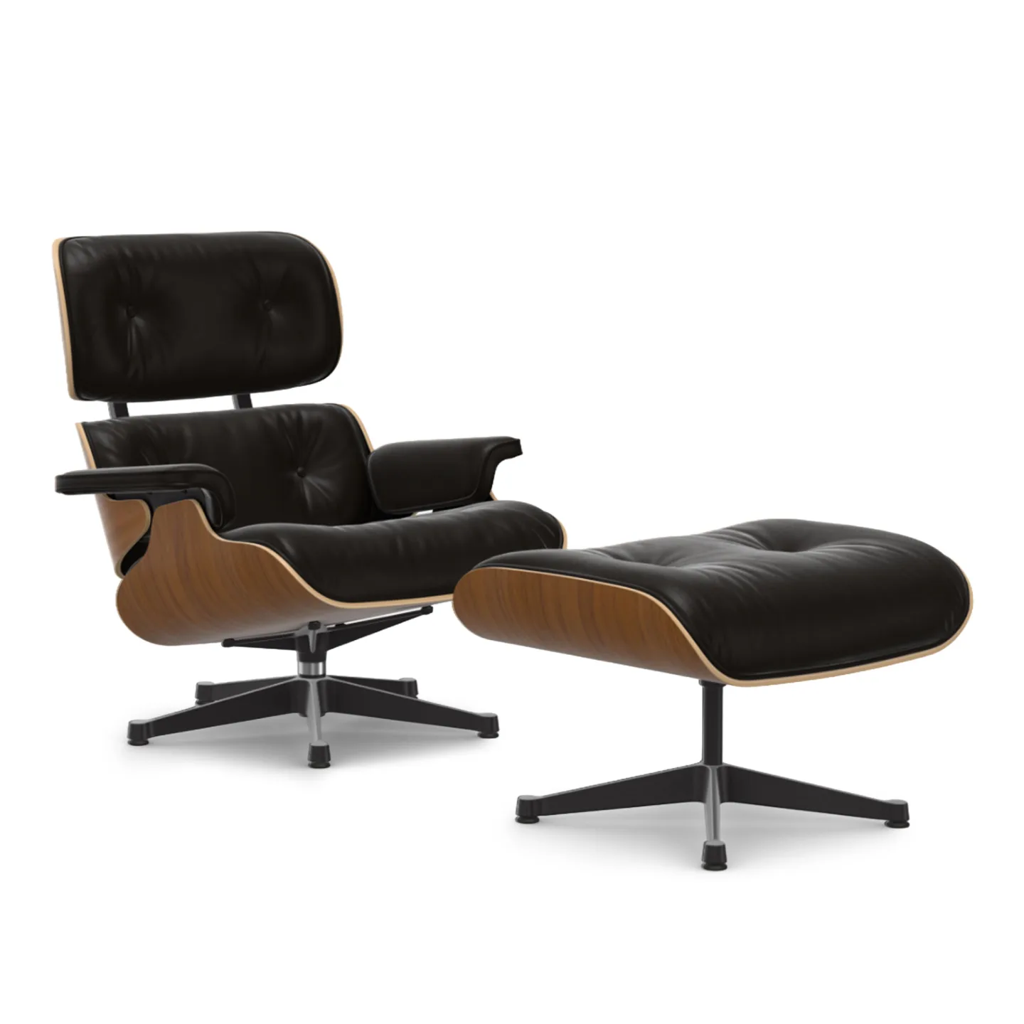 Vitra - Eames Lounge Set Natural Walnut Leather Natural Chocolate 68 Polished Aluminium/Deep Black - Fåtöljer - Charles & Ray Eames - Brun