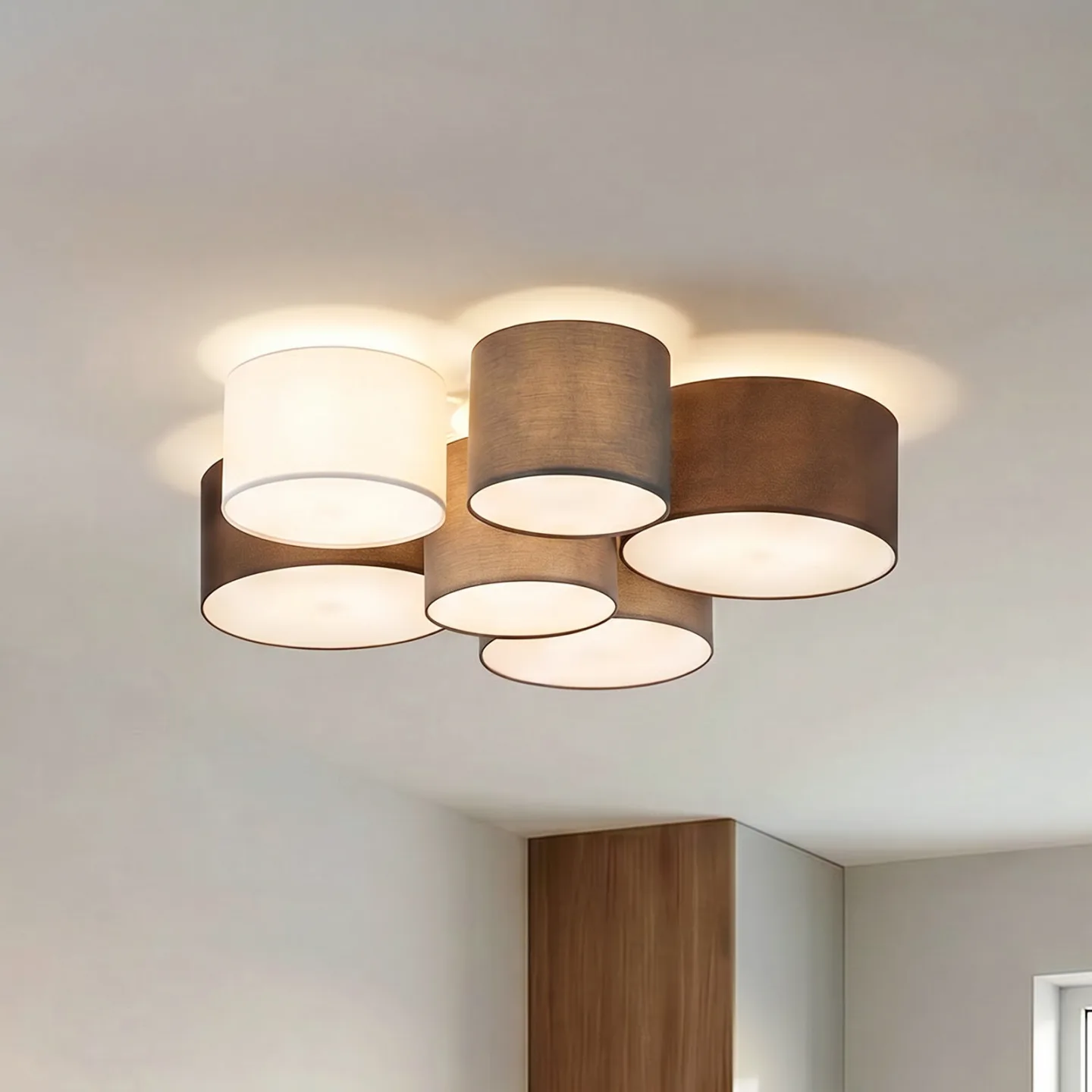 Laurenz 6 taklampa grå/vit/brun – Lindby - Vardagsrum - Modern - Tyg / textil - Med flera ljuskällor