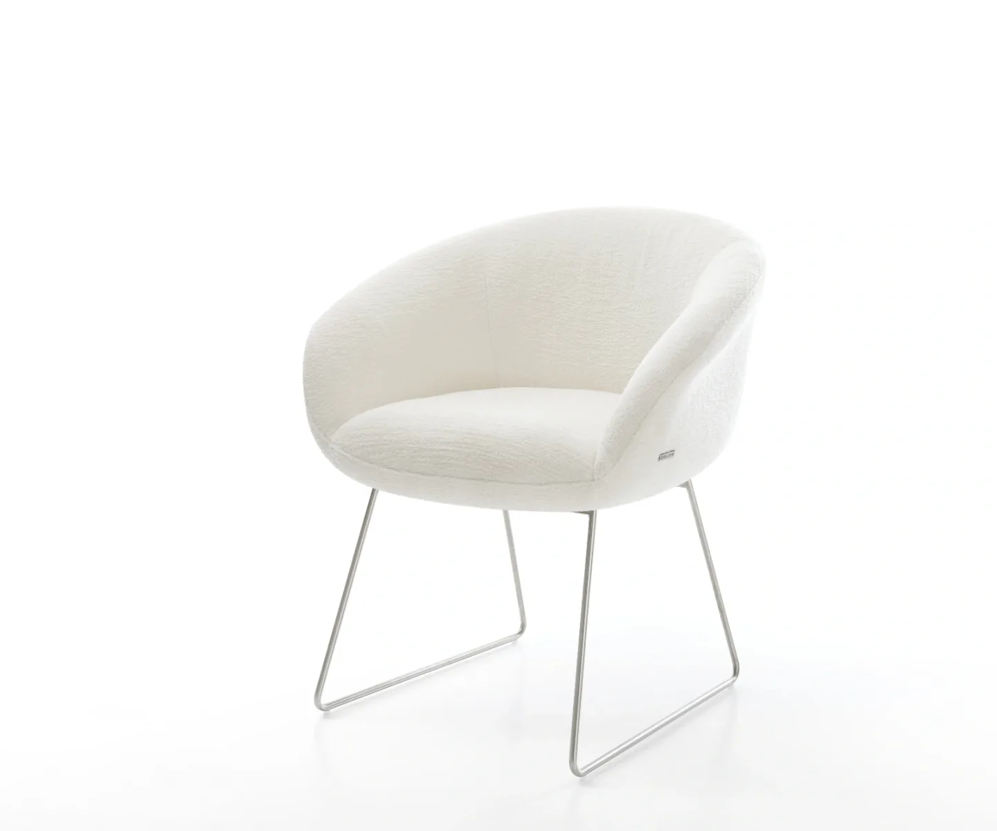 Esszimmerstuhl Vinka-Flex mit Armlehnen Bouclé Soft Beige Kufengestell Edelstahl Taschenfederkern
