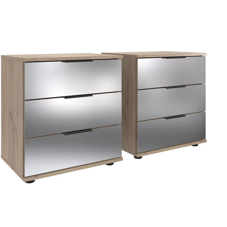 Nachttisch 2er-Set Metac Eiche Nachbildung, Spiegel Spanplatte, Spiegelglas B 104 H 58 cm