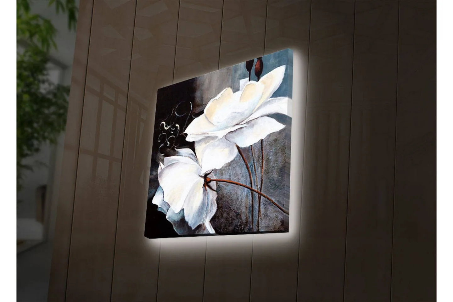 Canvastavla med LED-belysning 28x28 cm - Vita blommor med eleganta detaljer - Vit / Grå / Brun