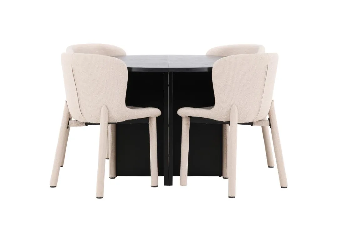 Strada Essgruppe Ausziehtisch Ø120cm, 170cm und 4 Stühle schwarz, beige.