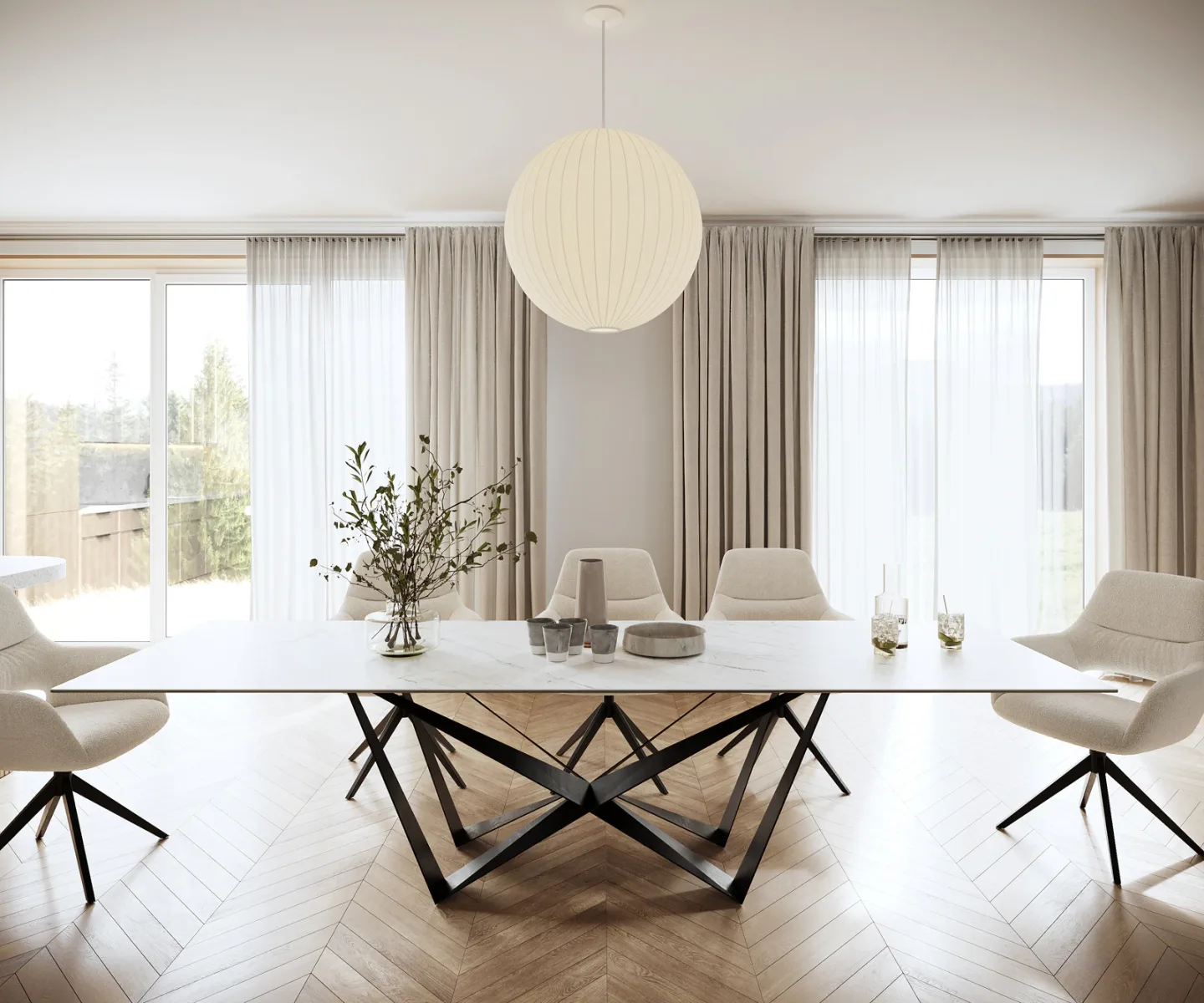 Esstisch Edge 300x100cm Keramik Laminam®Statuarietto Weiß Mittelfuß Flachstahl Schwarz
