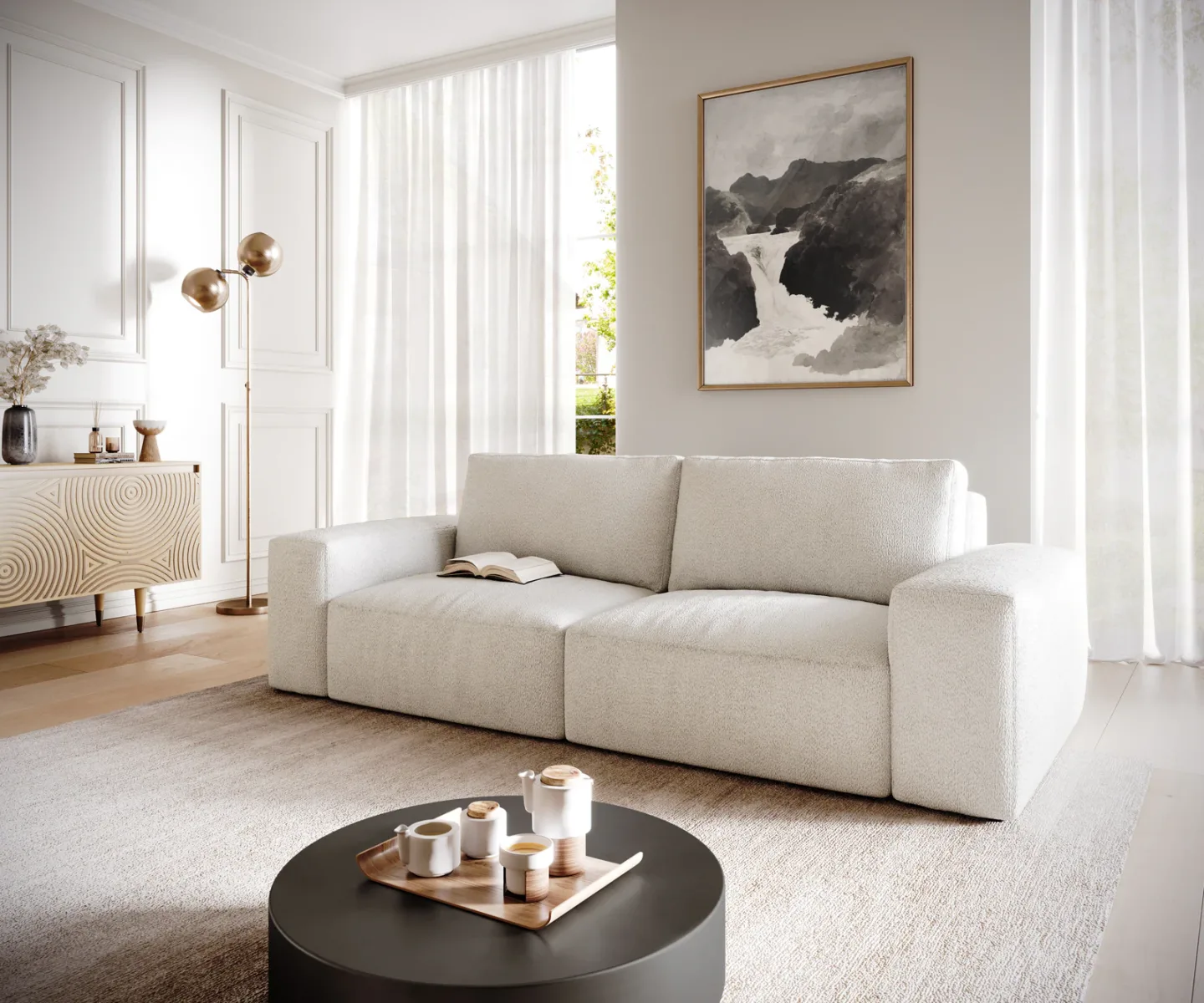 Big-Sofa Lanzo 230x95 cm Bouclé Creme-Weiß