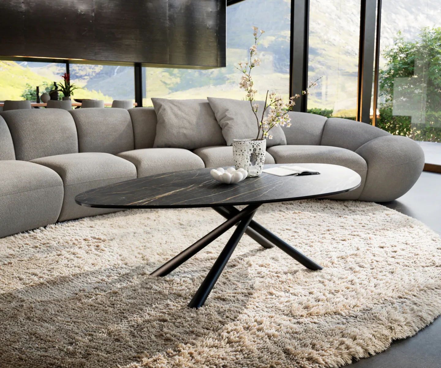 Couchtisch Edge Organisch 140x76 cm Keramik Laminam® Noir Desir Braun Sarity Metall Schwarz